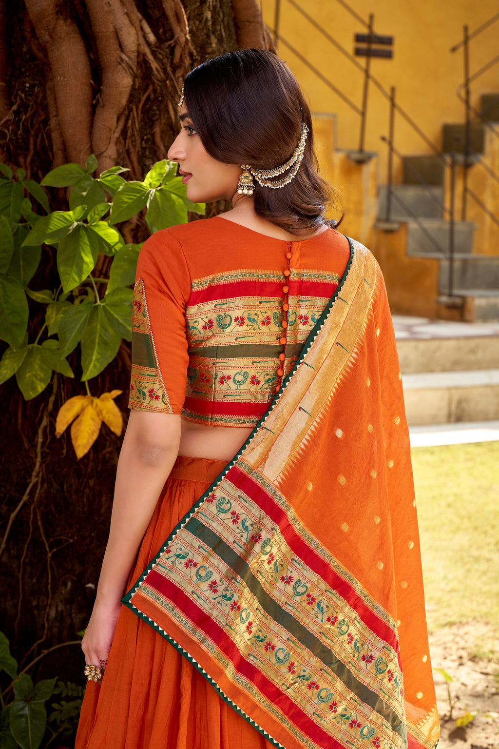 Prerna orange pure Chanderi zari weaving Paithani lehenga choli