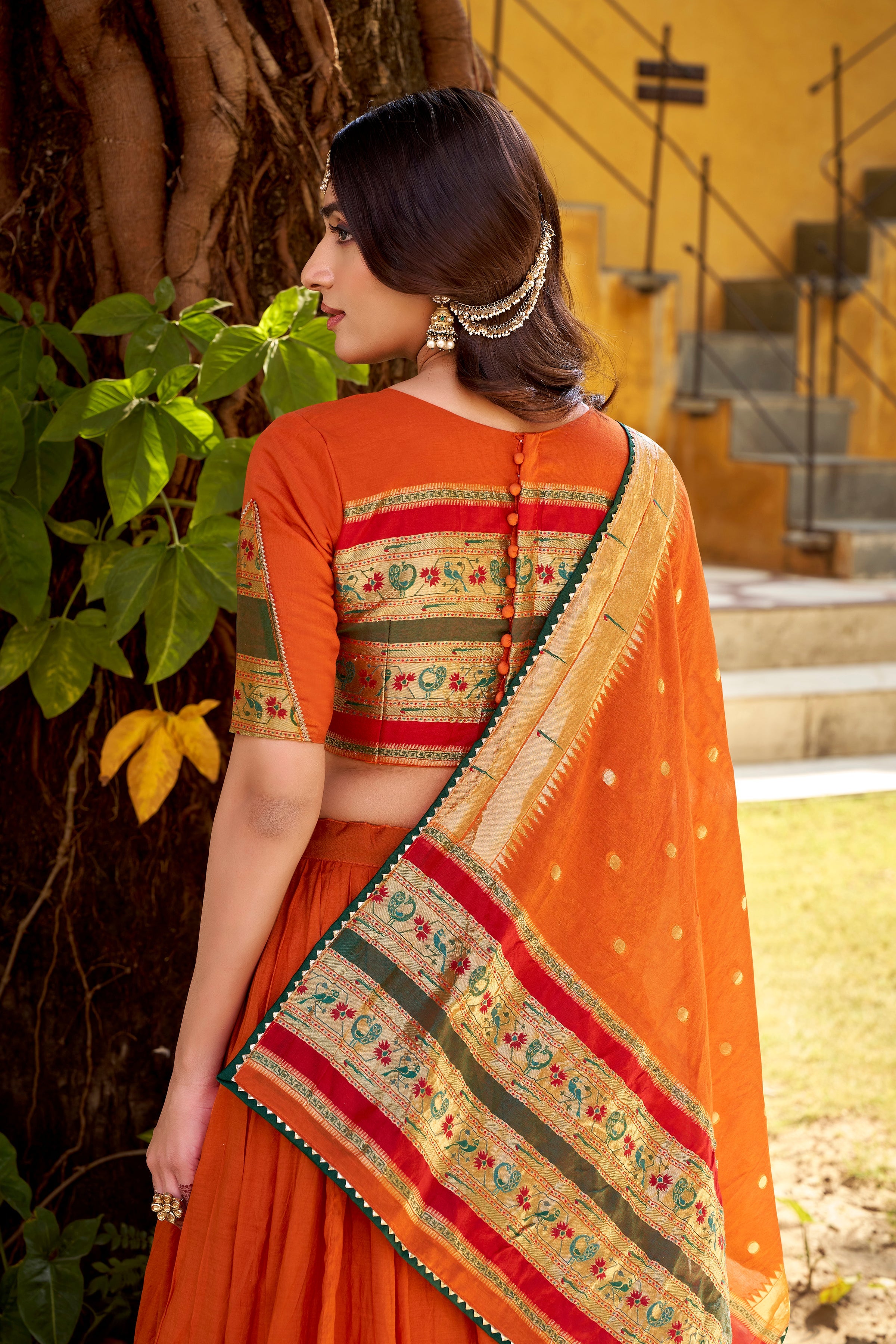 Prerna orange pure Chanderi zari weaving Paithani lehenga choli