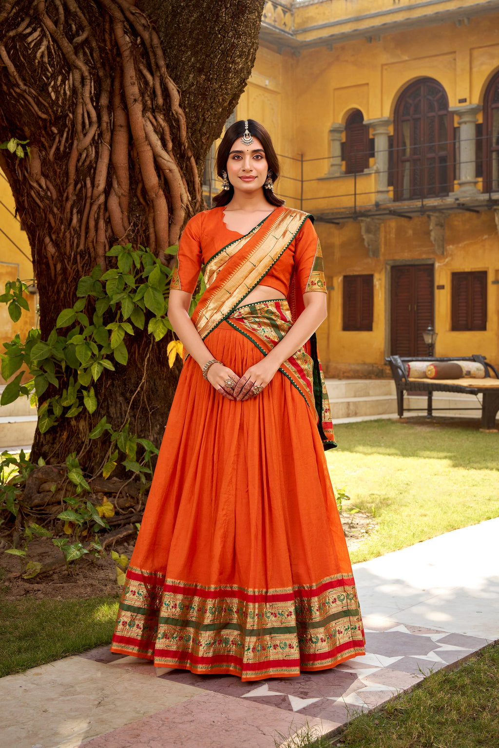 Prerna orange pure Chanderi zari weaving Paithani lehenga choli