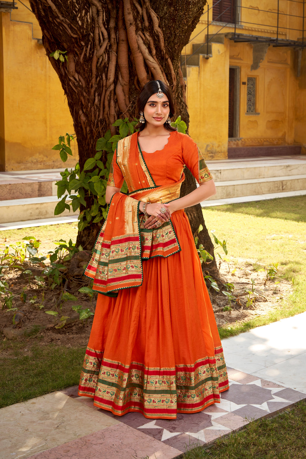 Prerna orange pure Chanderi zari weaving Paithani lehenga choli