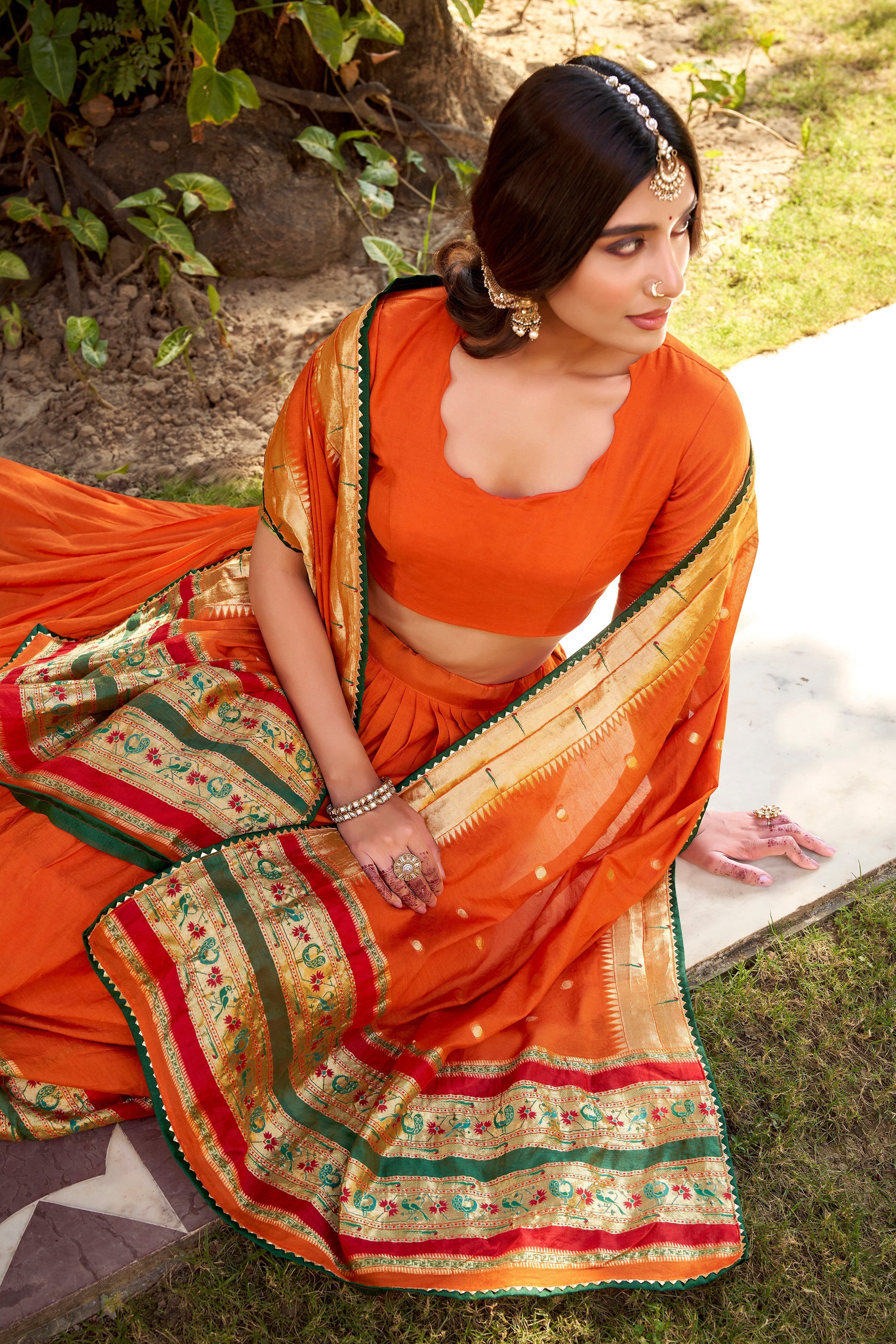 Prerna orange pure Chanderi zari weaving Paithani lehenga choli