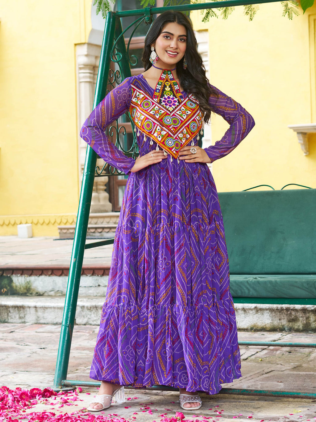 Purple Bandhani print georgette Kutchi patchwork flair Navratri gown