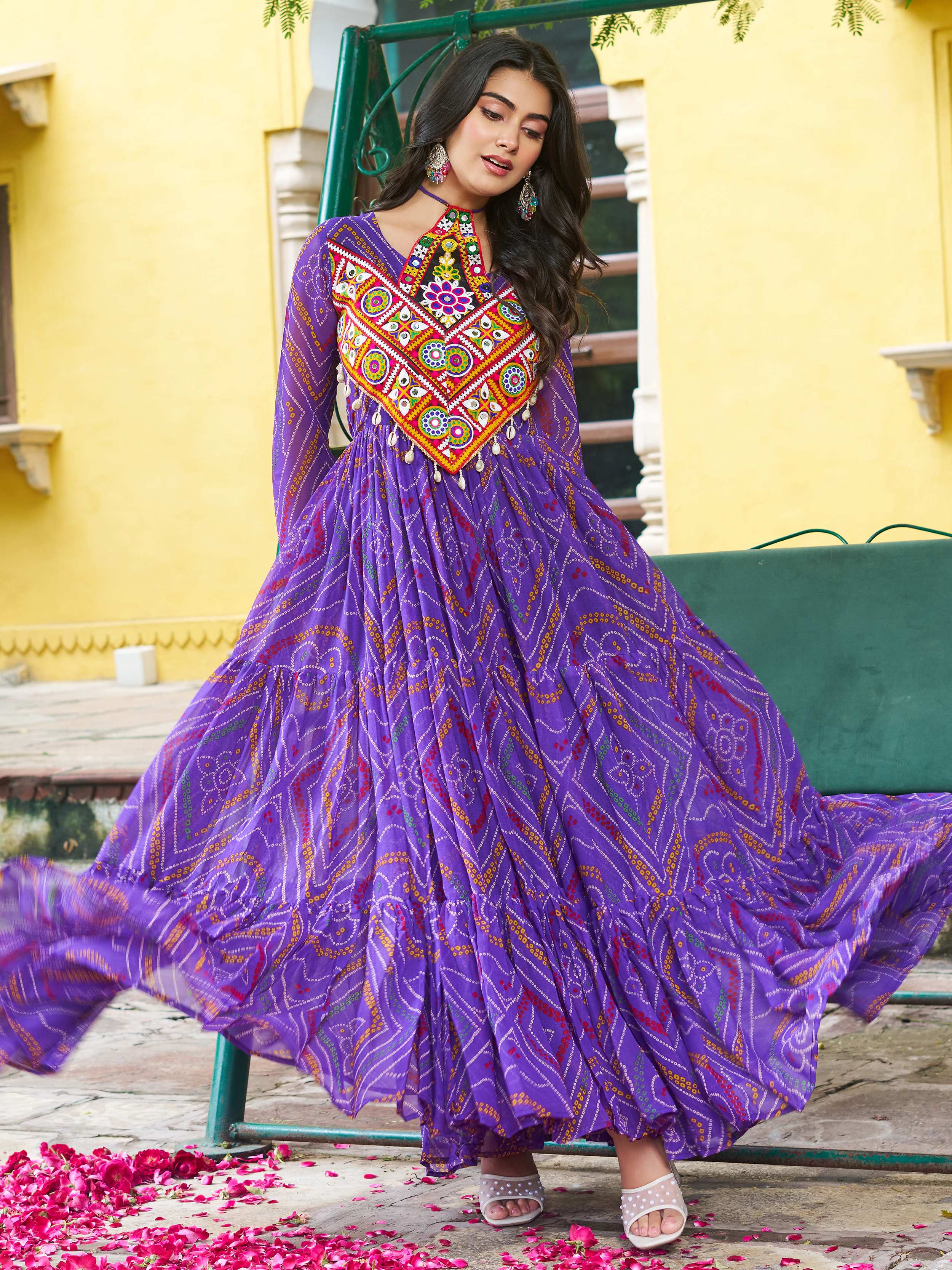 Purple Bandhani print georgette Kutchi patchwork flair Navratri gown