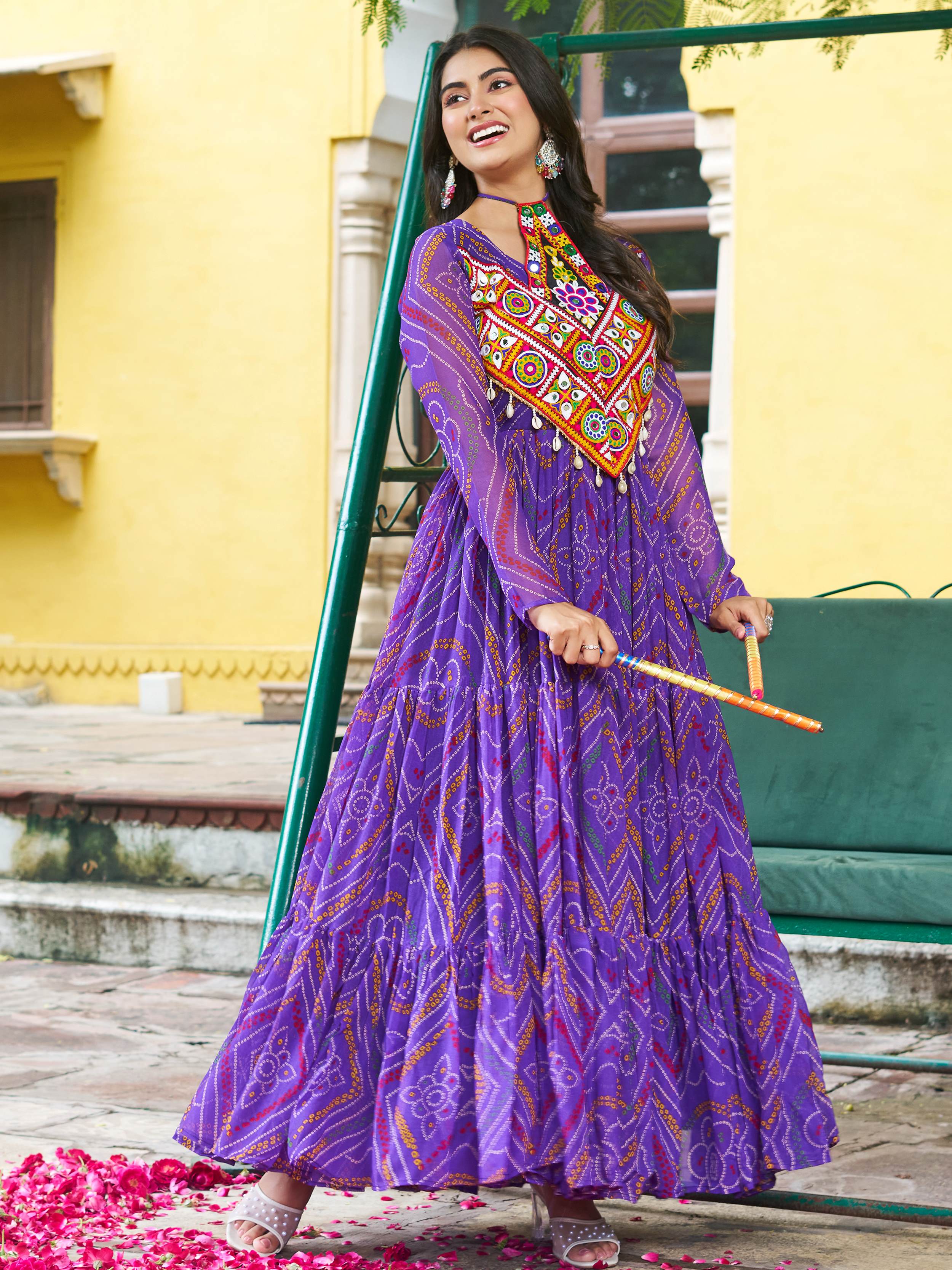 Purple Bandhani print georgette Kutchi patchwork flair Navratri gown