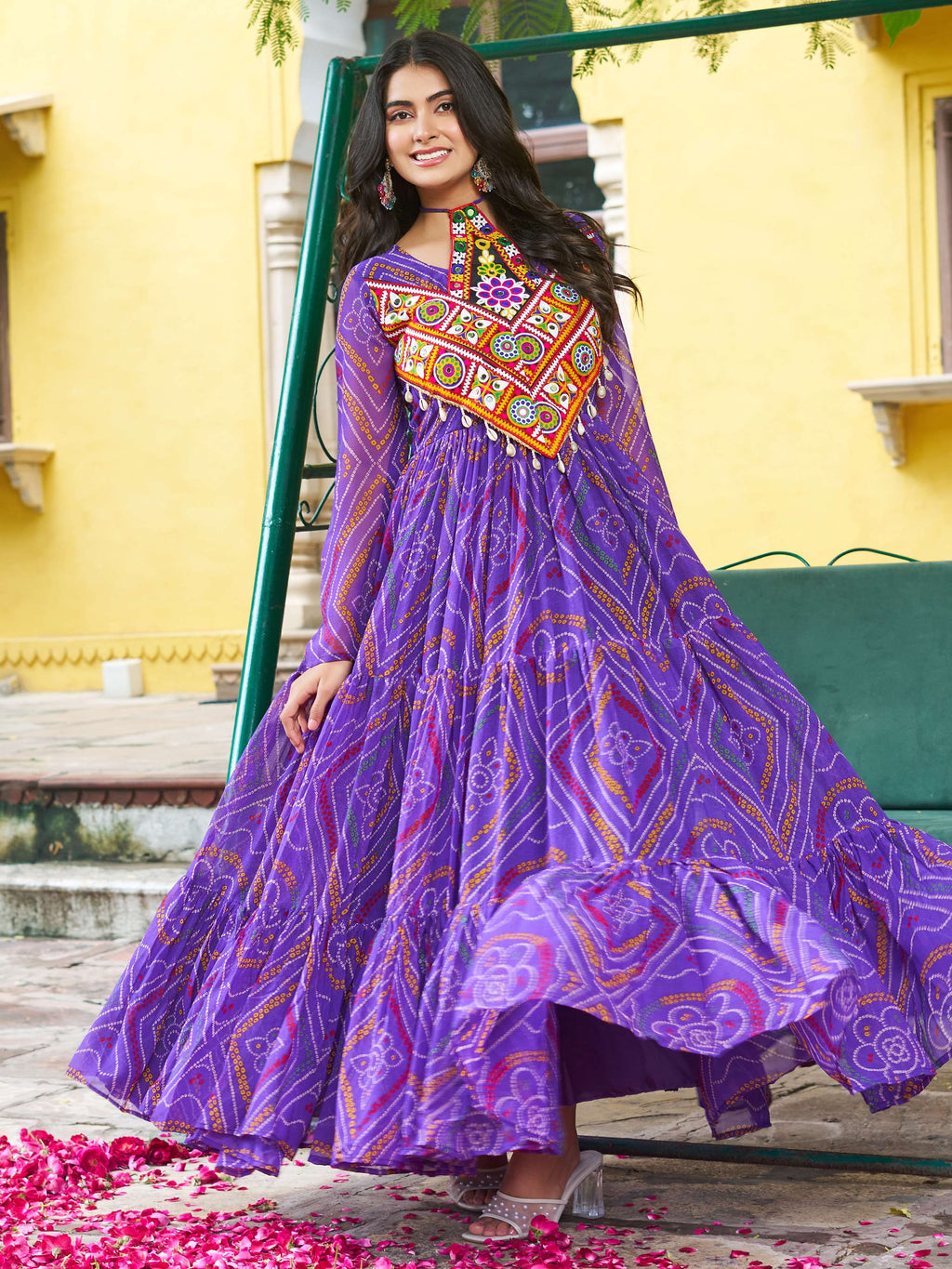 Purple Bandhani print georgette Kutchi patchwork flair Navratri gown