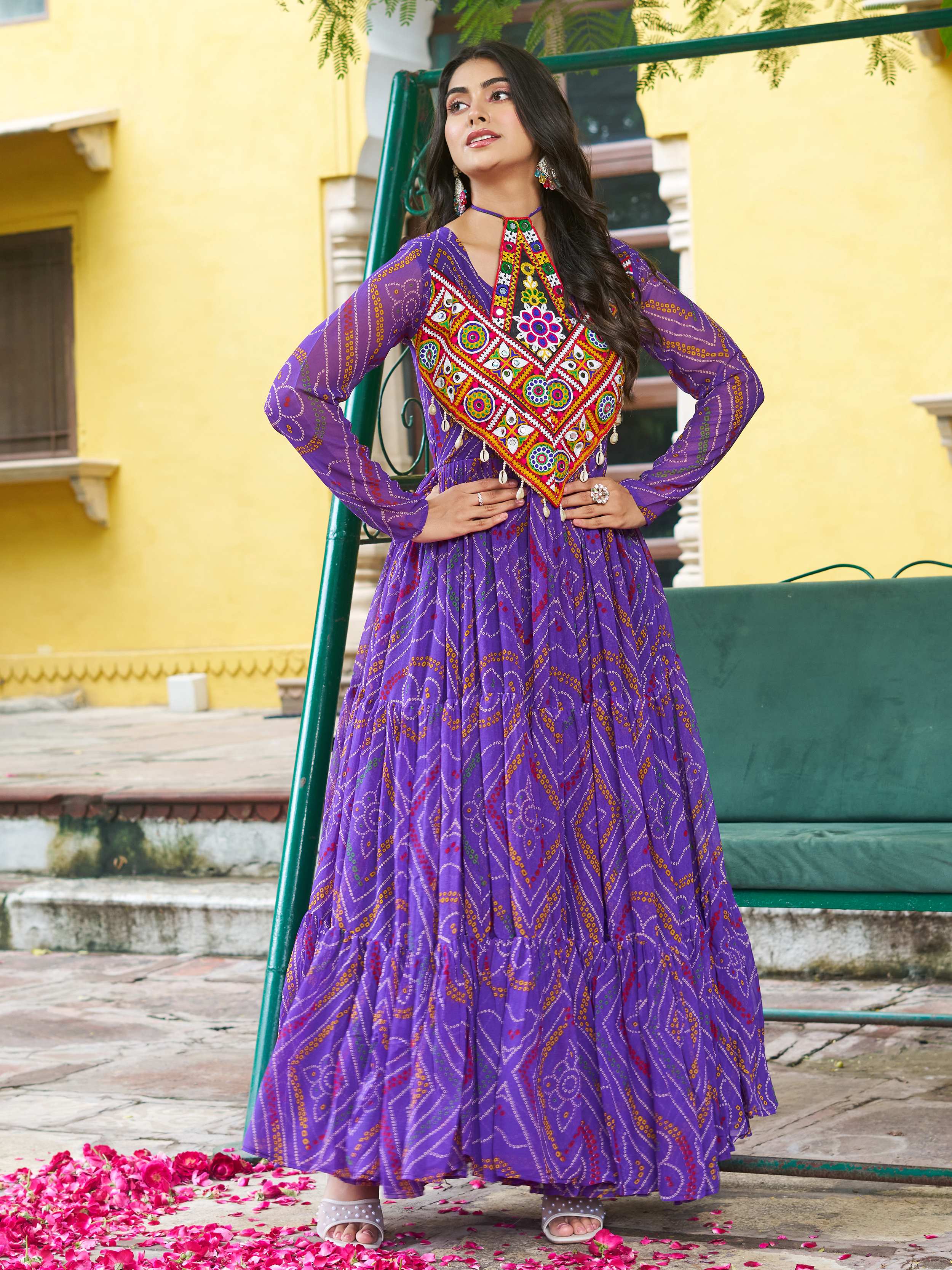 Purple Bandhani print georgette Kutchi patchwork flair Navratri gown