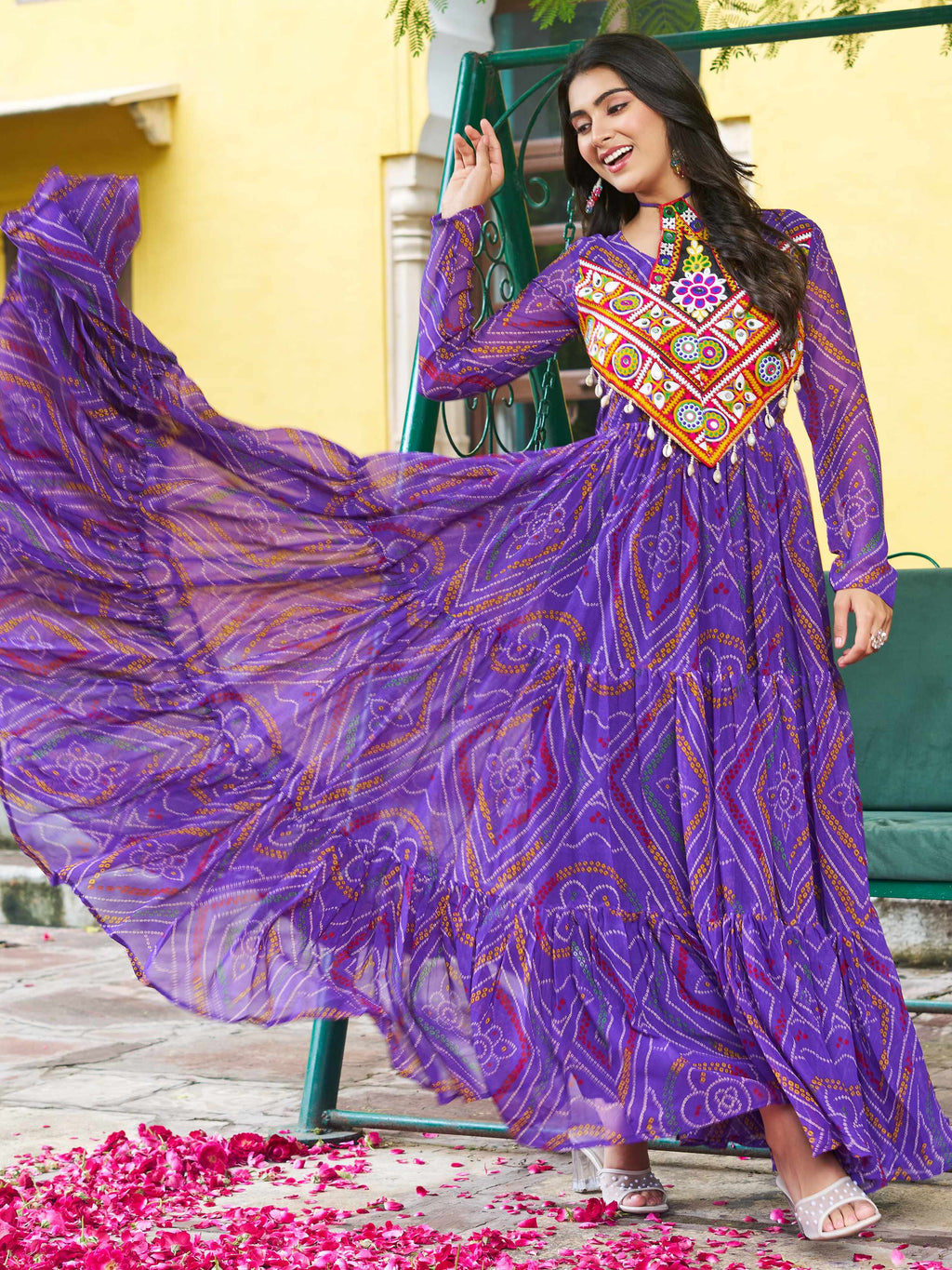 Purple Bandhani print georgette Kutchi patchwork flair Navratri gown