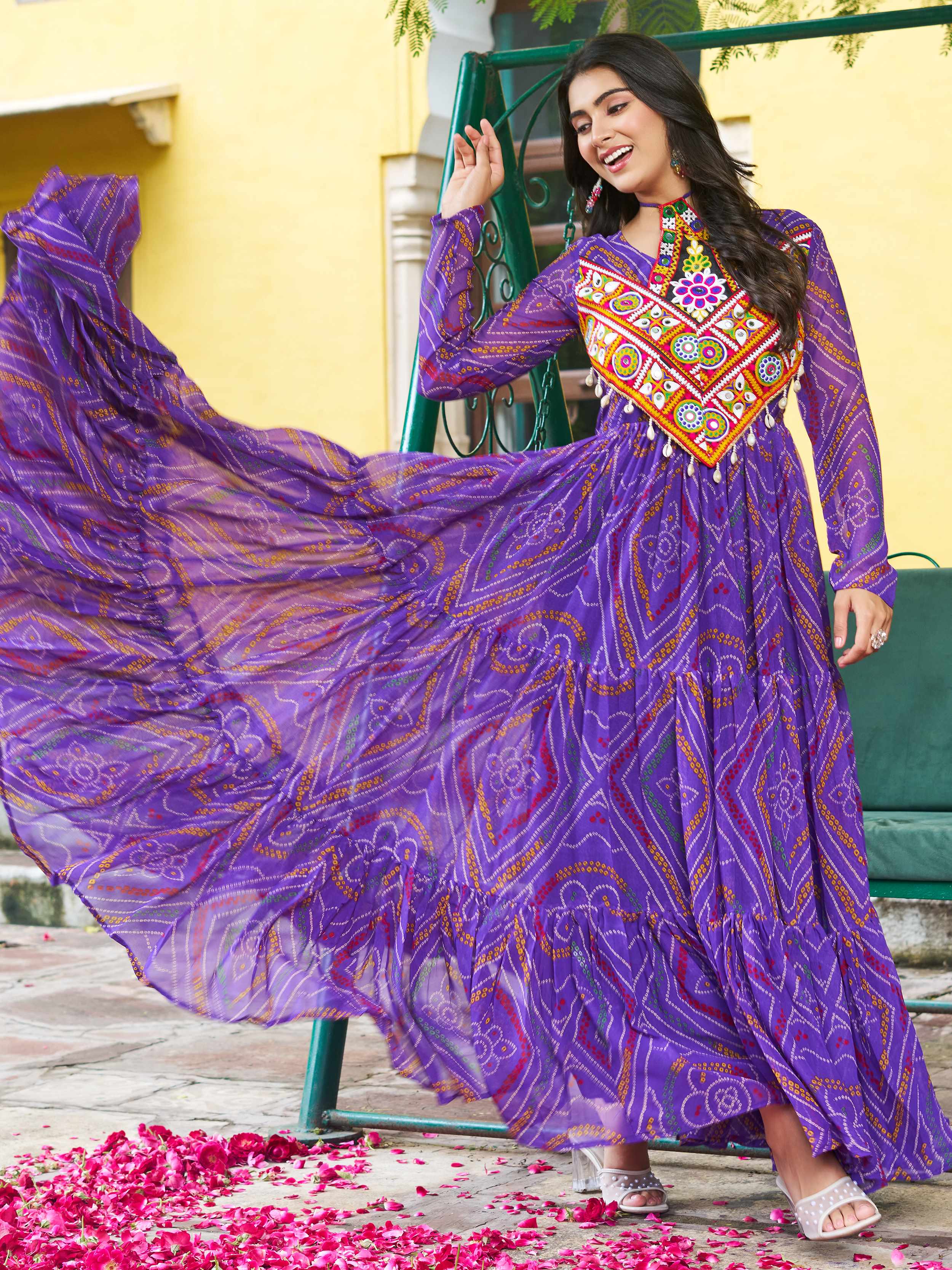 Purple Bandhani print georgette Kutchi patchwork flair Navratri gown