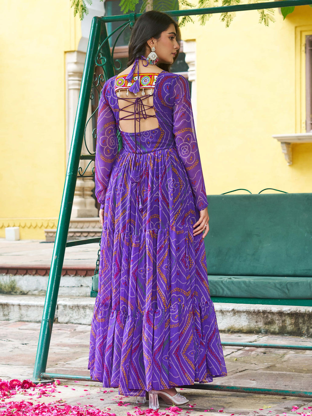 Purple Bandhani print georgette Kutchi patchwork flair Navratri gown