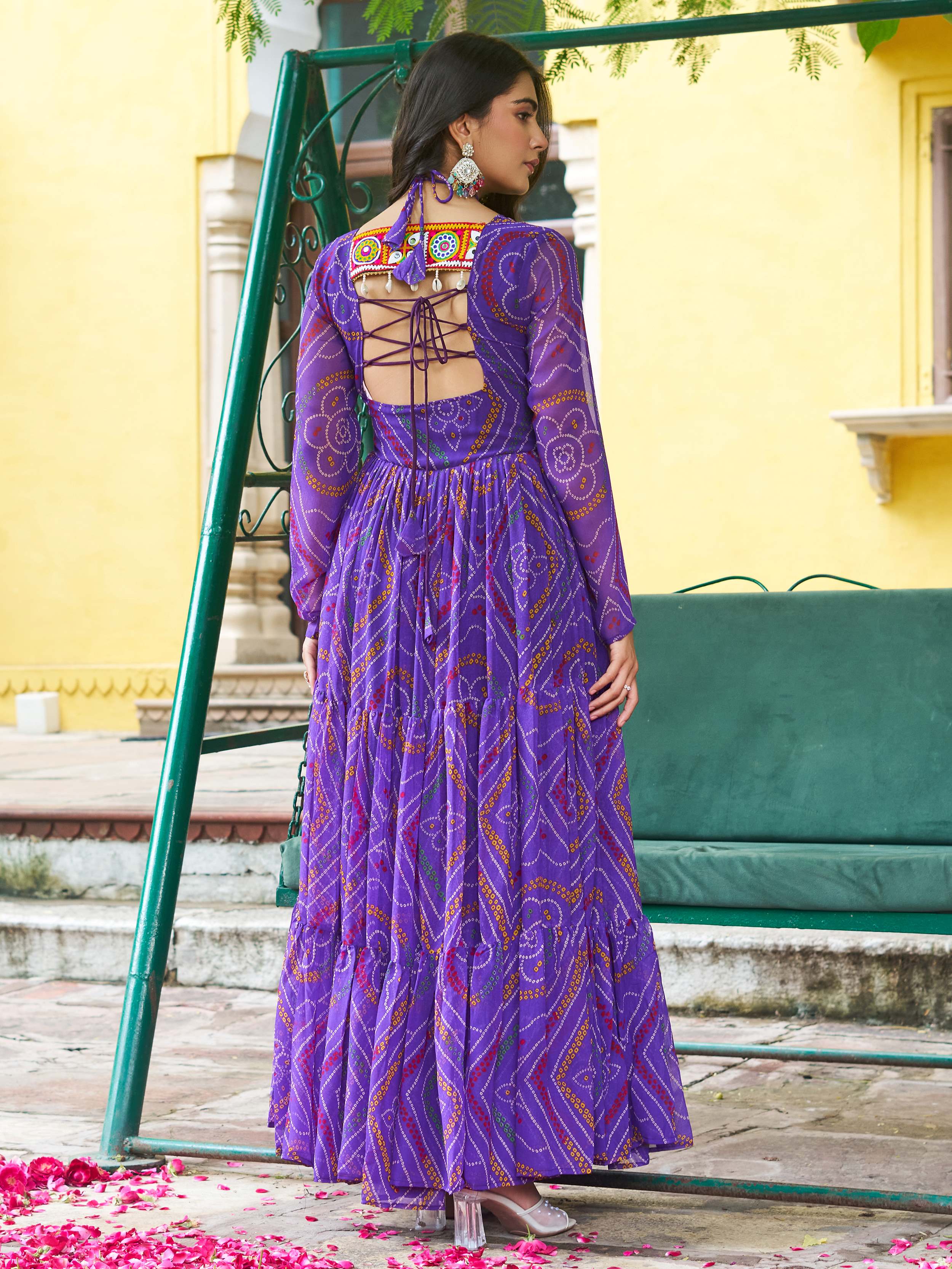 Purple Bandhani print georgette Kutchi patchwork flair Navratri gown