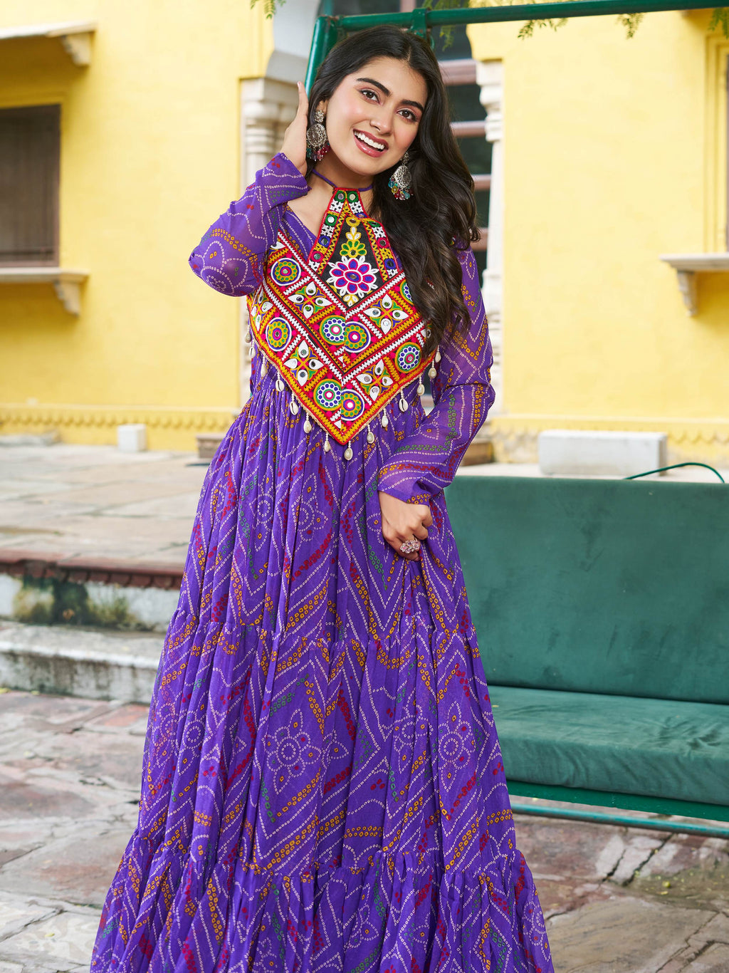 Purple Bandhani print georgette Kutchi patchwork flair Navratri gown