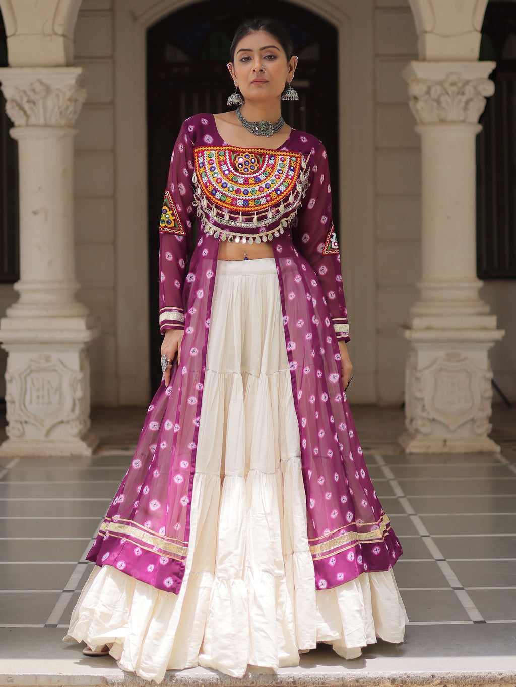 Purple bandhani print kurti with kutchi patchwork kora cotton lehenga
