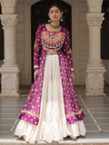 Purple bandhani print kurti with kutchi patchwork kora cotton lehenga