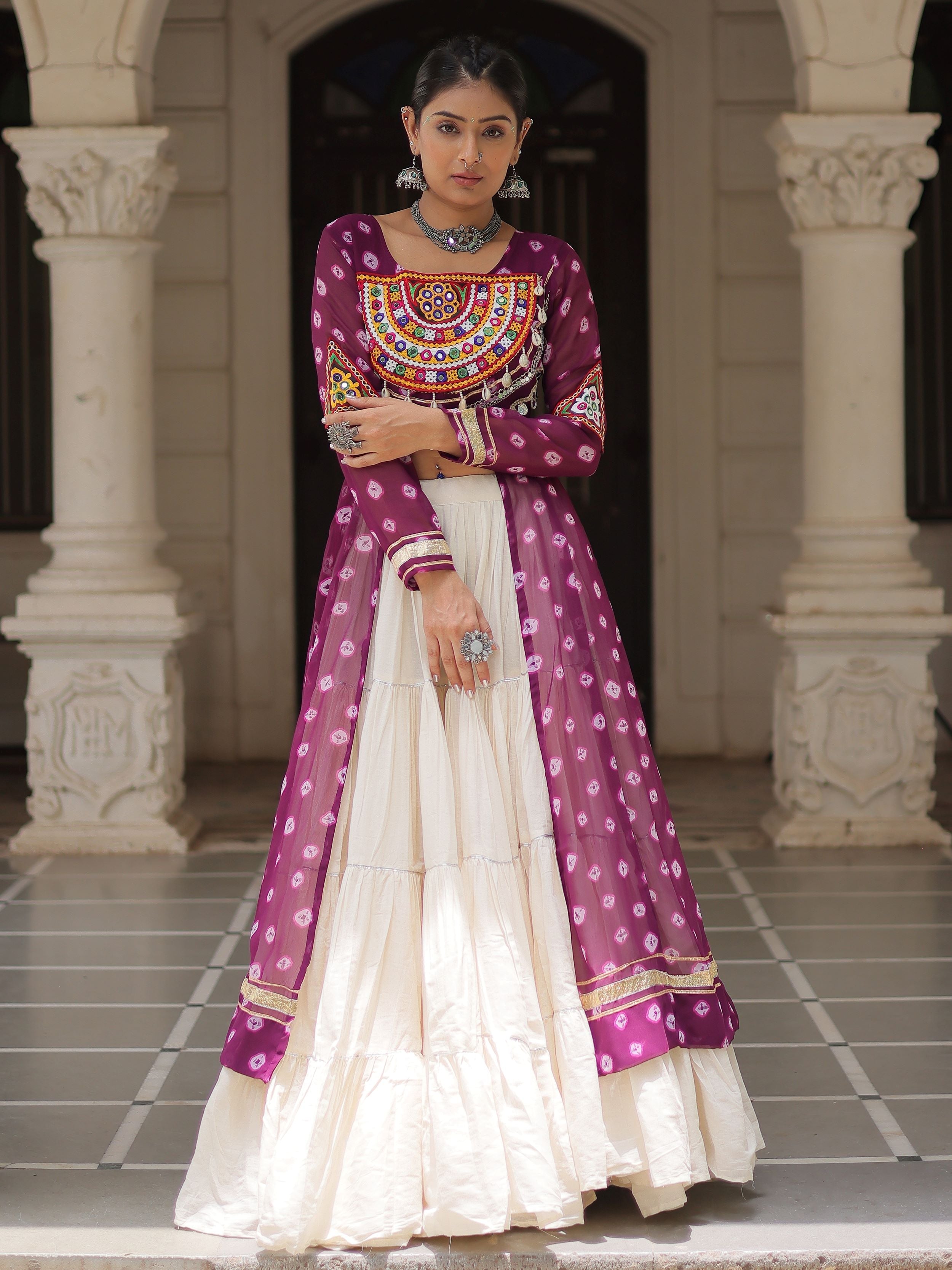 Purple bandhani print kurti with kutchi patchwork kora cotton lehenga