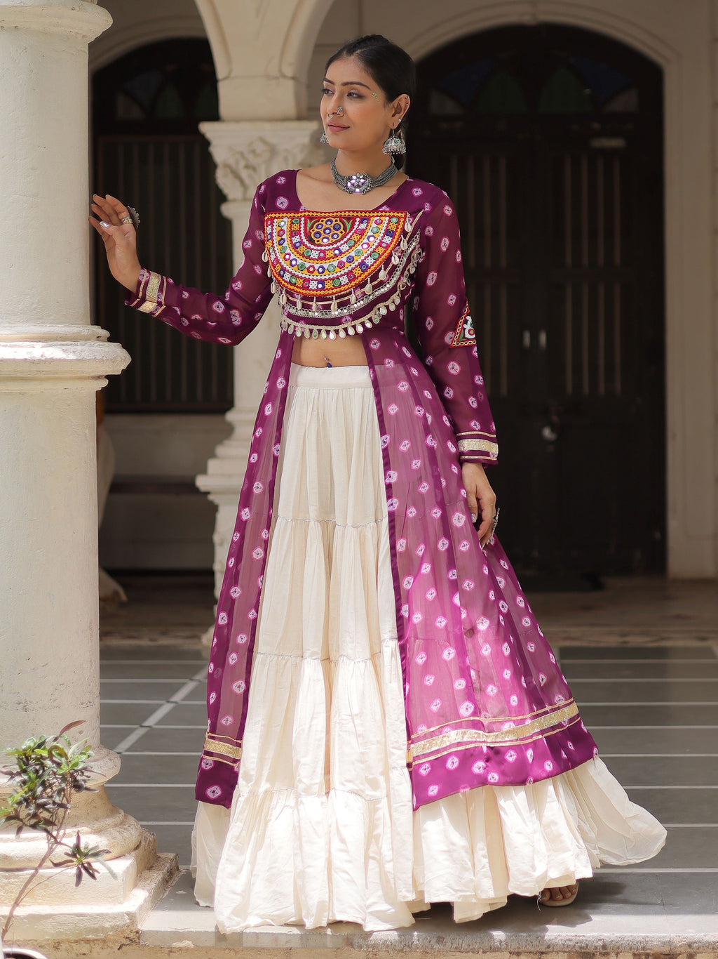 Purple bandhani print kurti with kutchi patchwork kora cotton lehenga