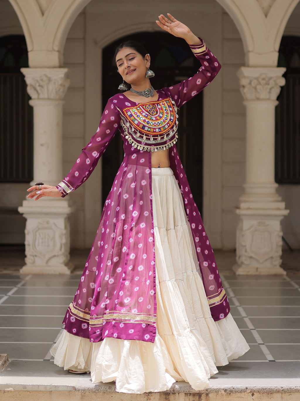 Purple bandhani print kurti with kutchi patchwork kora cotton lehenga