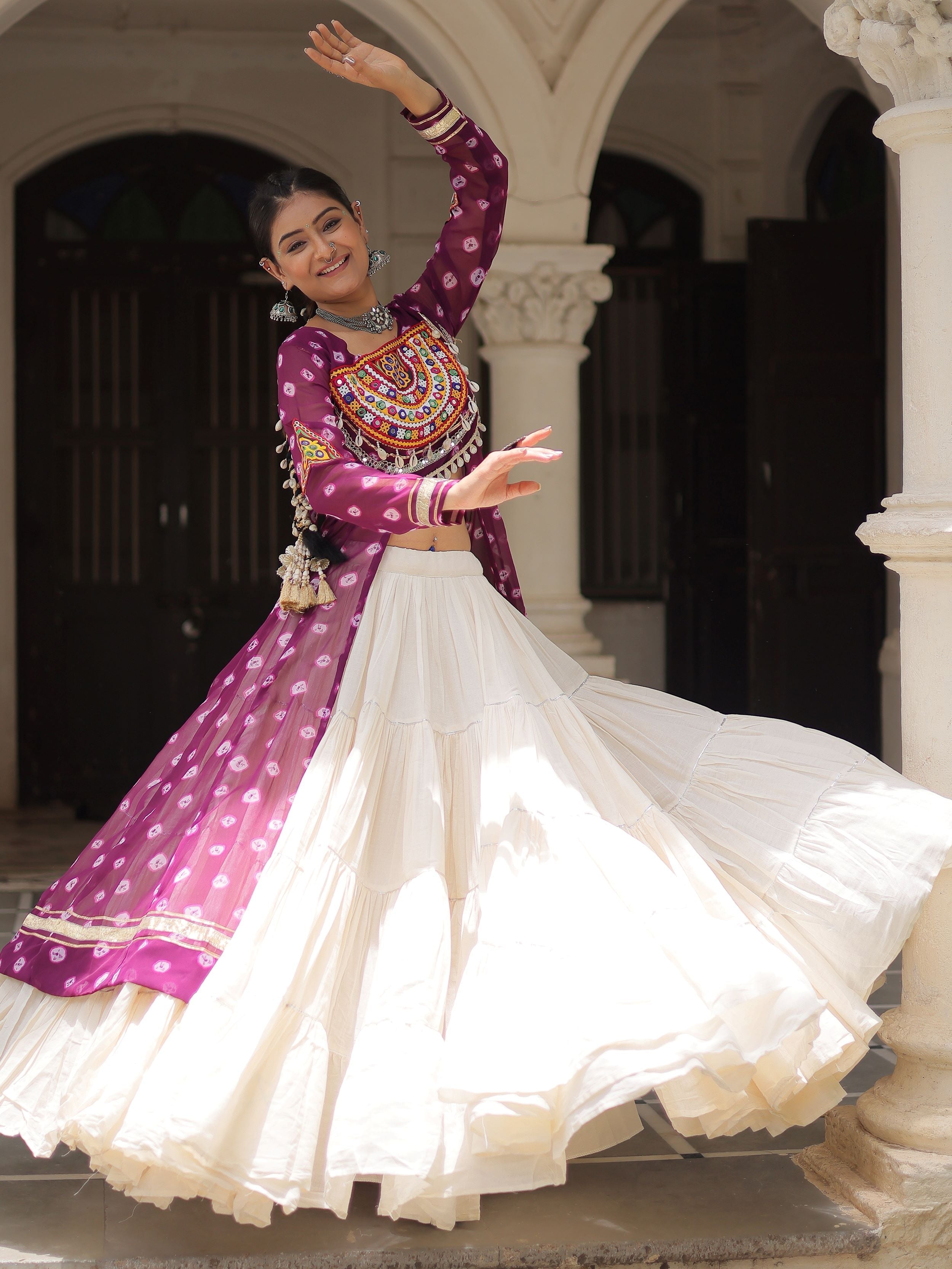 Purple bandhani print kurti with kutchi patchwork kora cotton lehenga
