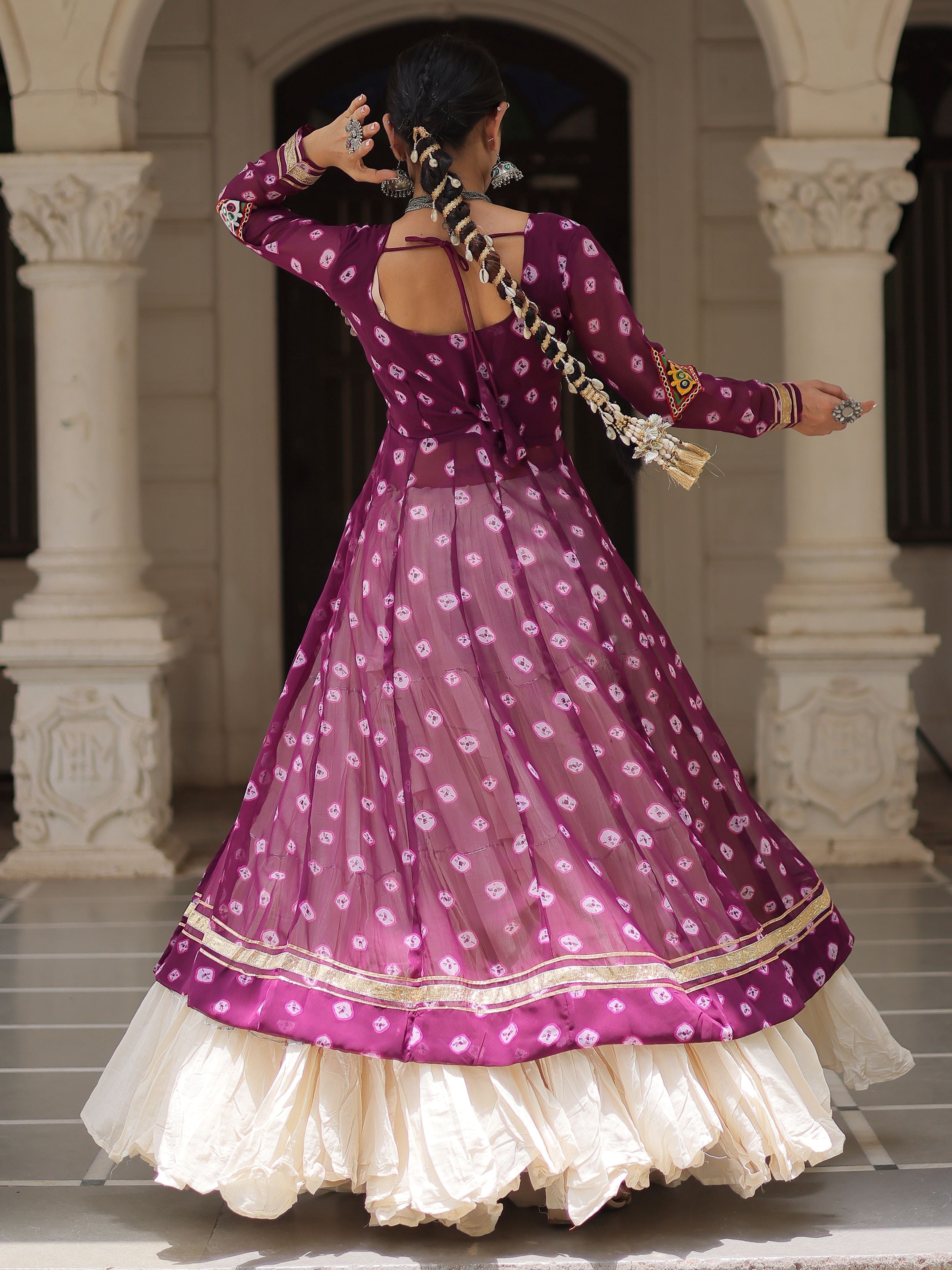 Purple bandhani print kurti with kutchi patchwork kora cotton lehenga