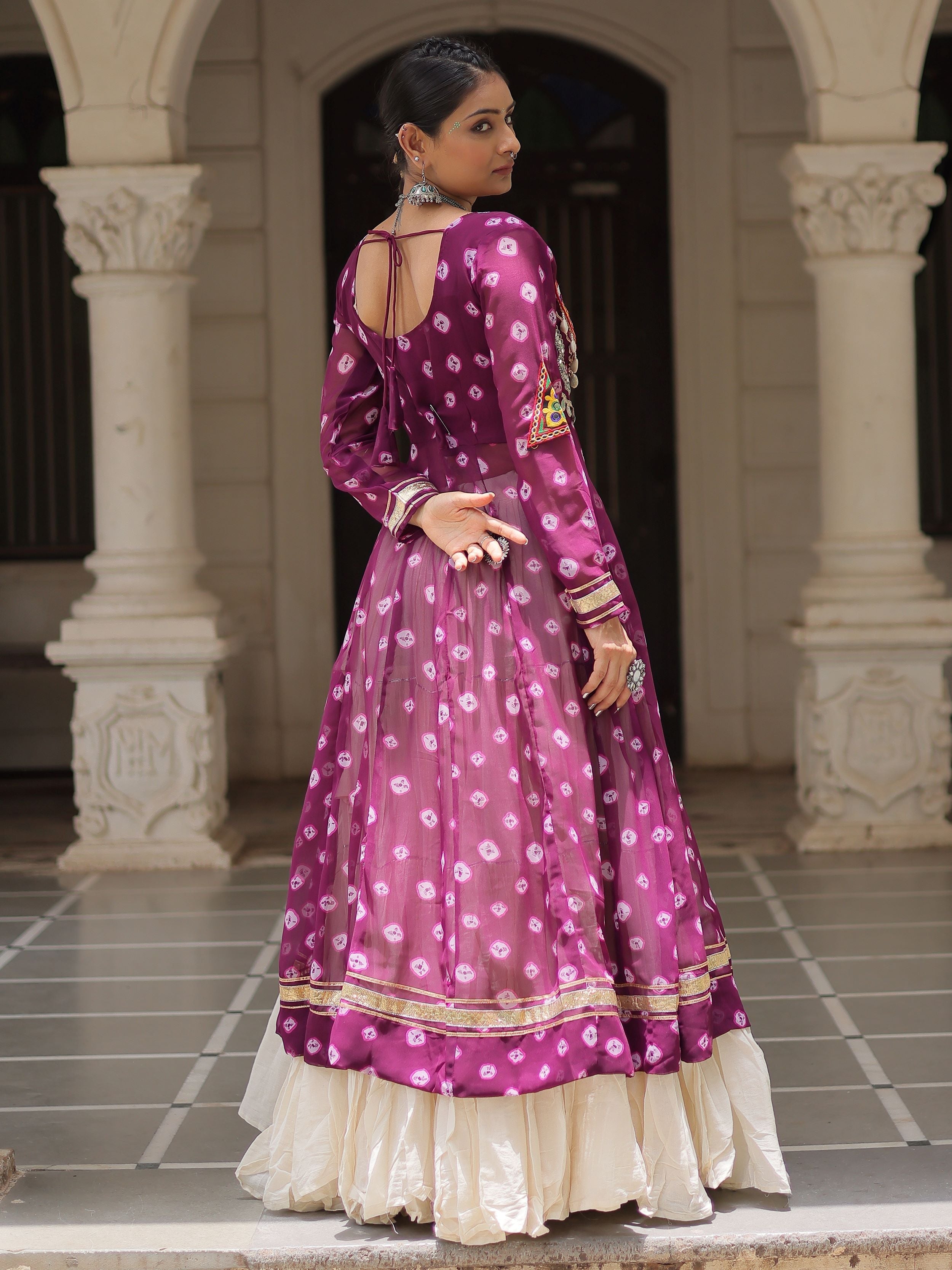 Purple bandhani print kurti with kutchi patchwork kora cotton lehenga