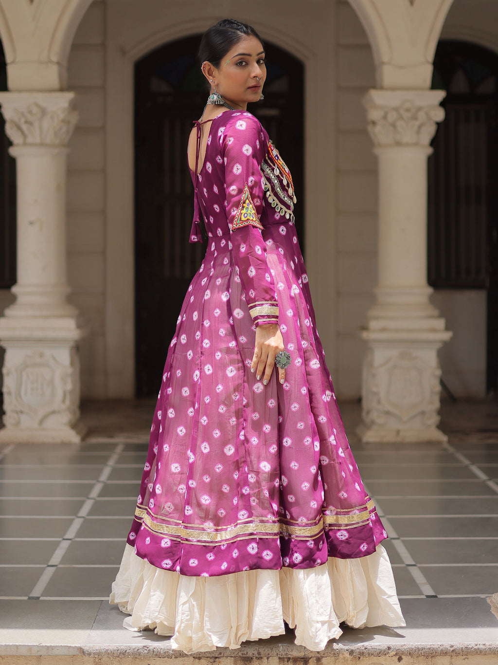 Purple bandhani print kurti with kutchi patchwork kora cotton lehenga