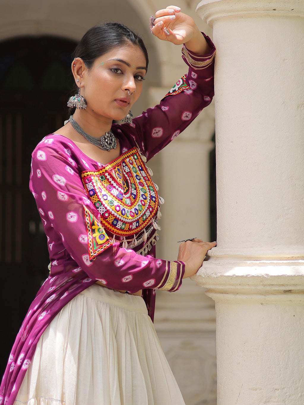 Purple bandhani print kurti with kutchi patchwork kora cotton lehenga