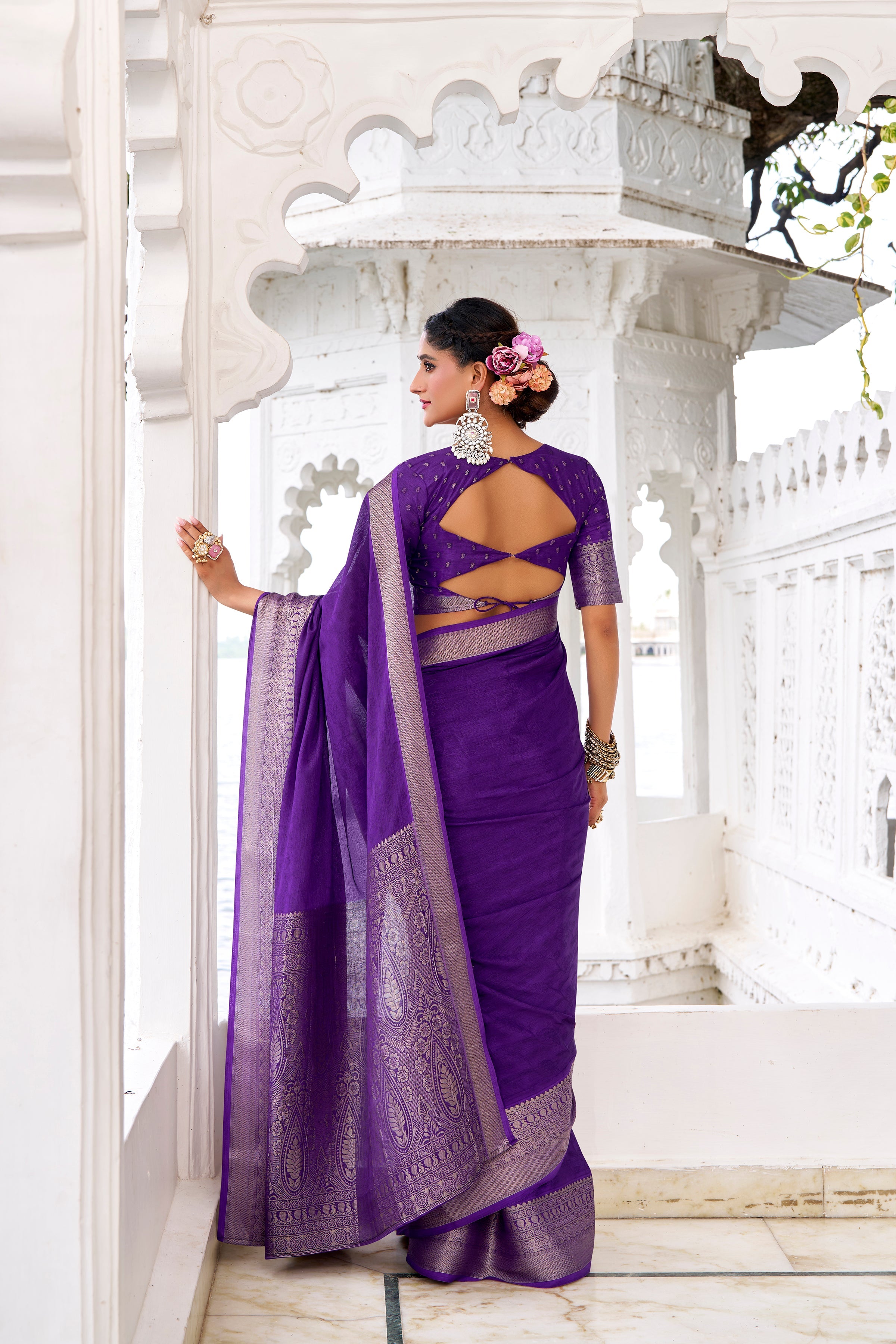 Purple chinon self-printed zari weaving saree with blouse