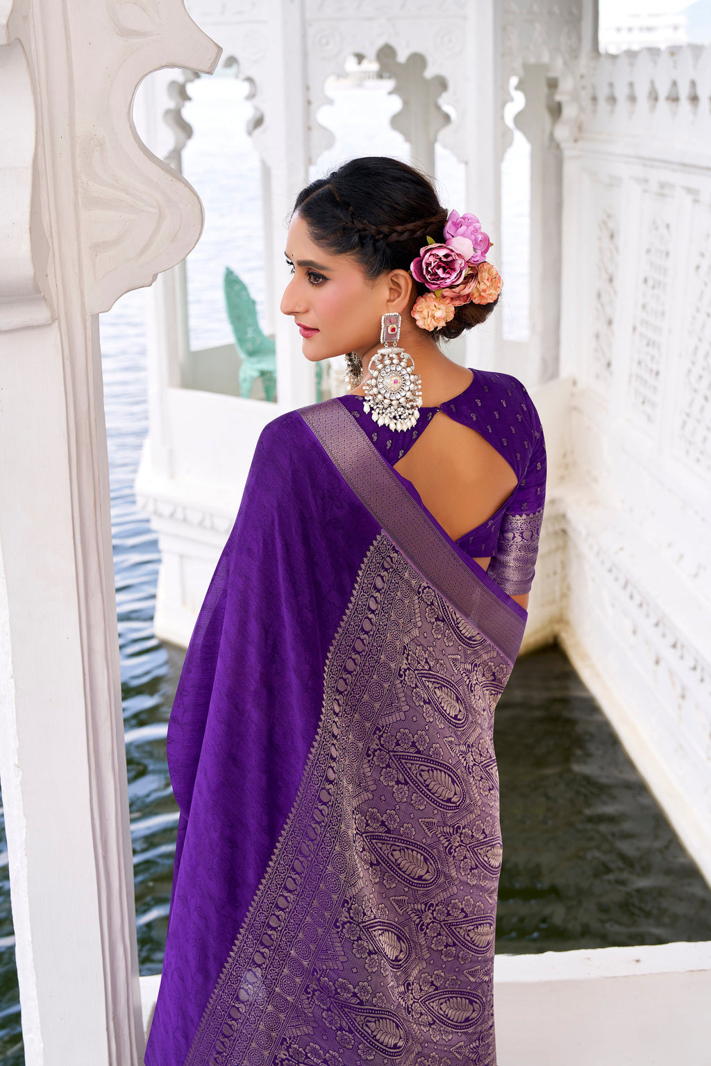 Purple chinon self-printed zari weaving saree with blouse