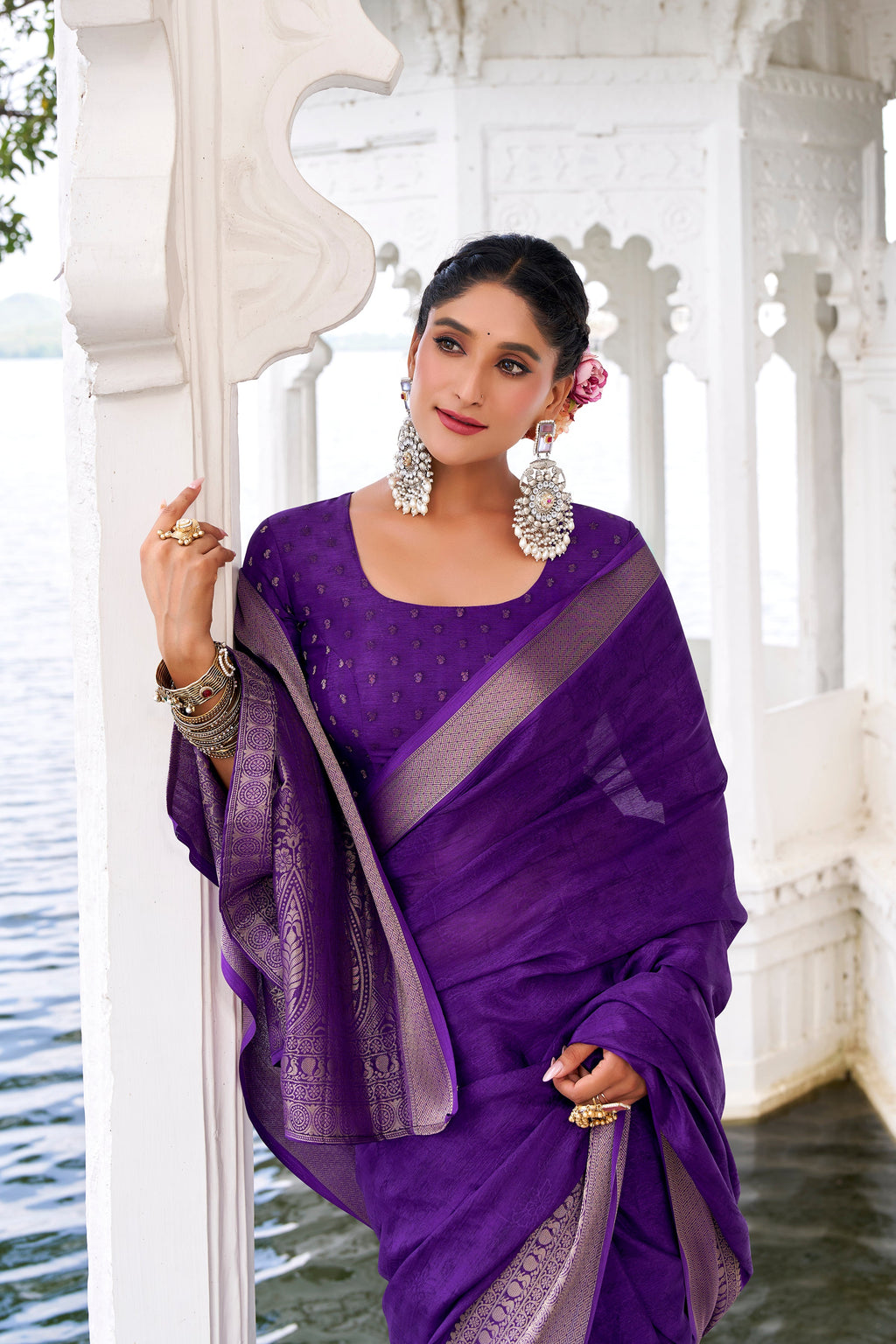 Purple chinon self-printed zari weaving saree with blouse