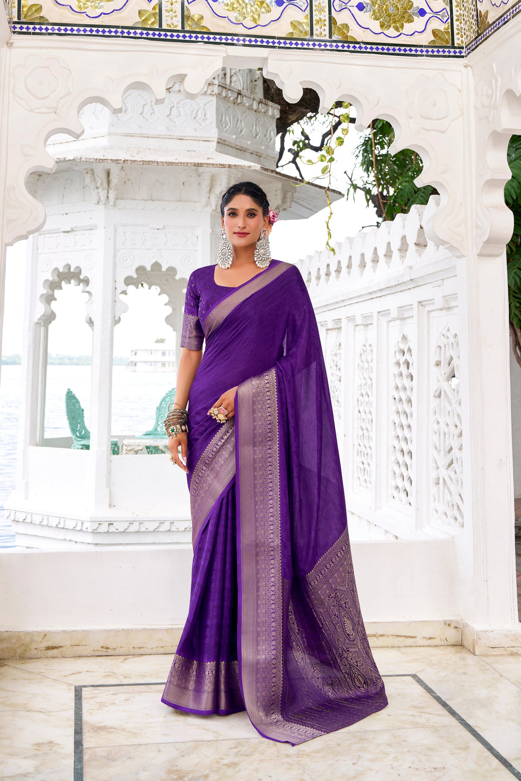 Purple chinon self-printed zari weaving saree with blouse