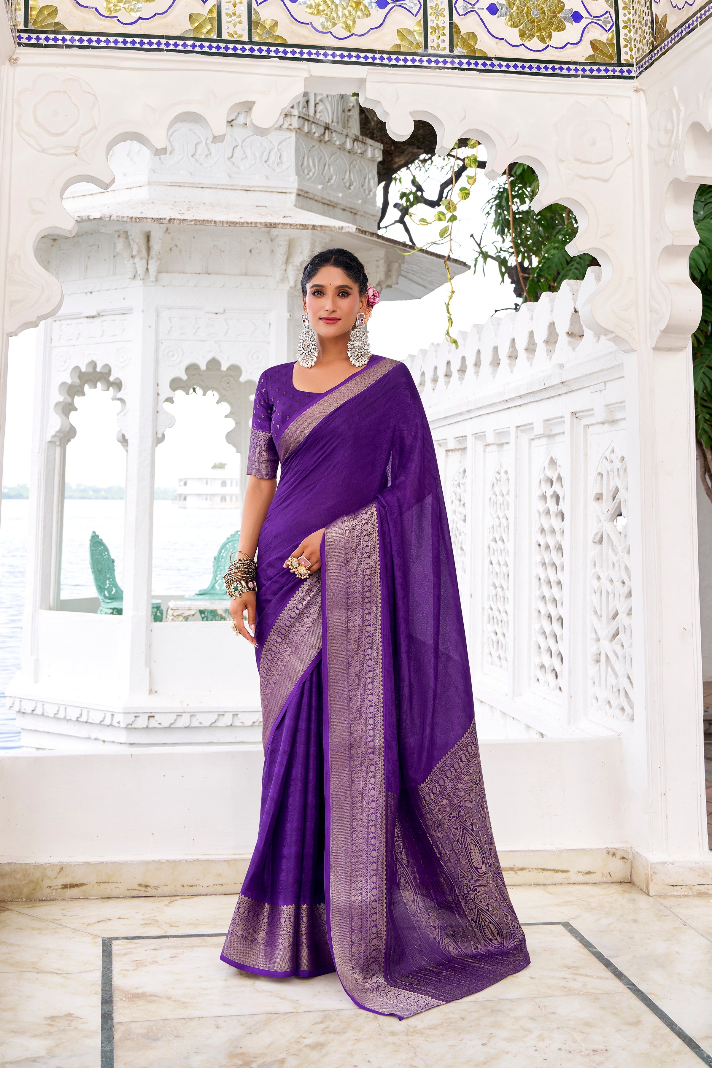 Purple chinon self-printed zari weaving saree with blouse