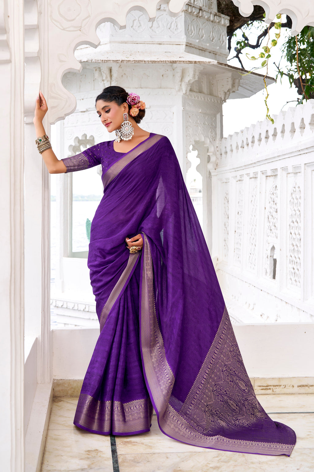Purple chinon self-printed zari weaving saree with blouse
