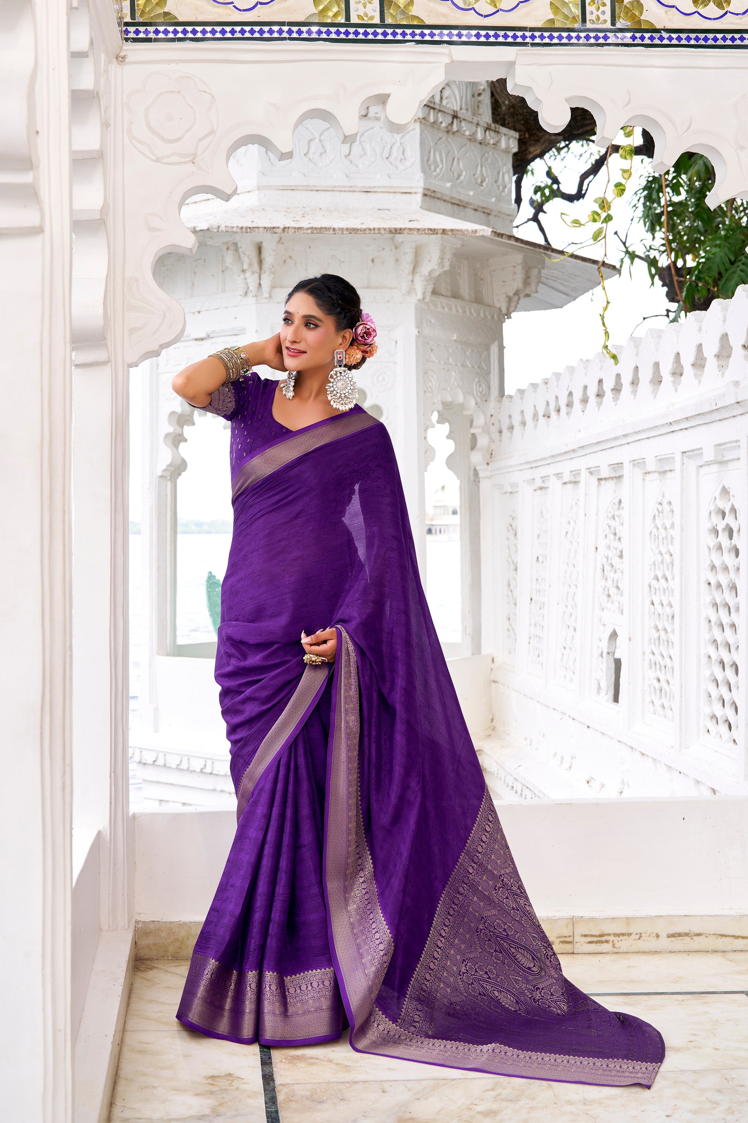 Purple chinon self-printed zari weaving saree with blouse