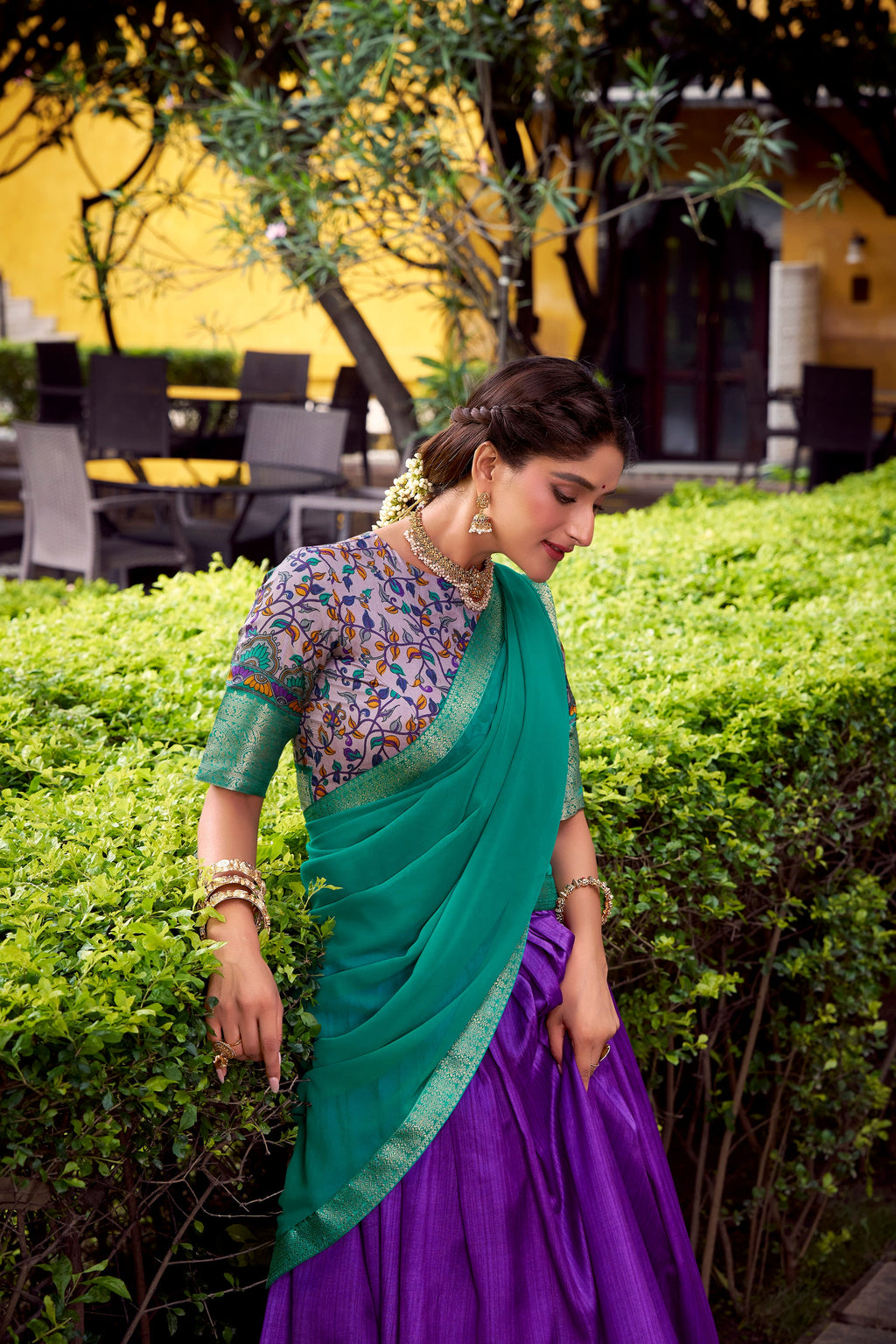 Avni purple Aastha silk printed zari weaving half saree lehenga