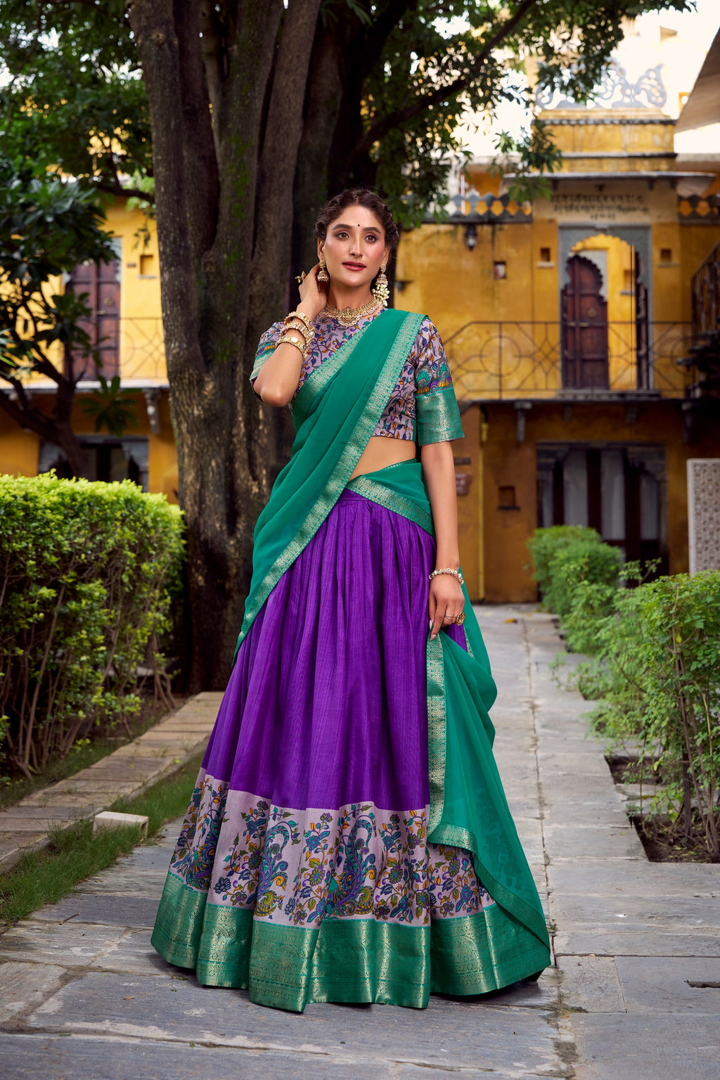 Avni purple Aastha silk printed zari weaving half saree lehenga