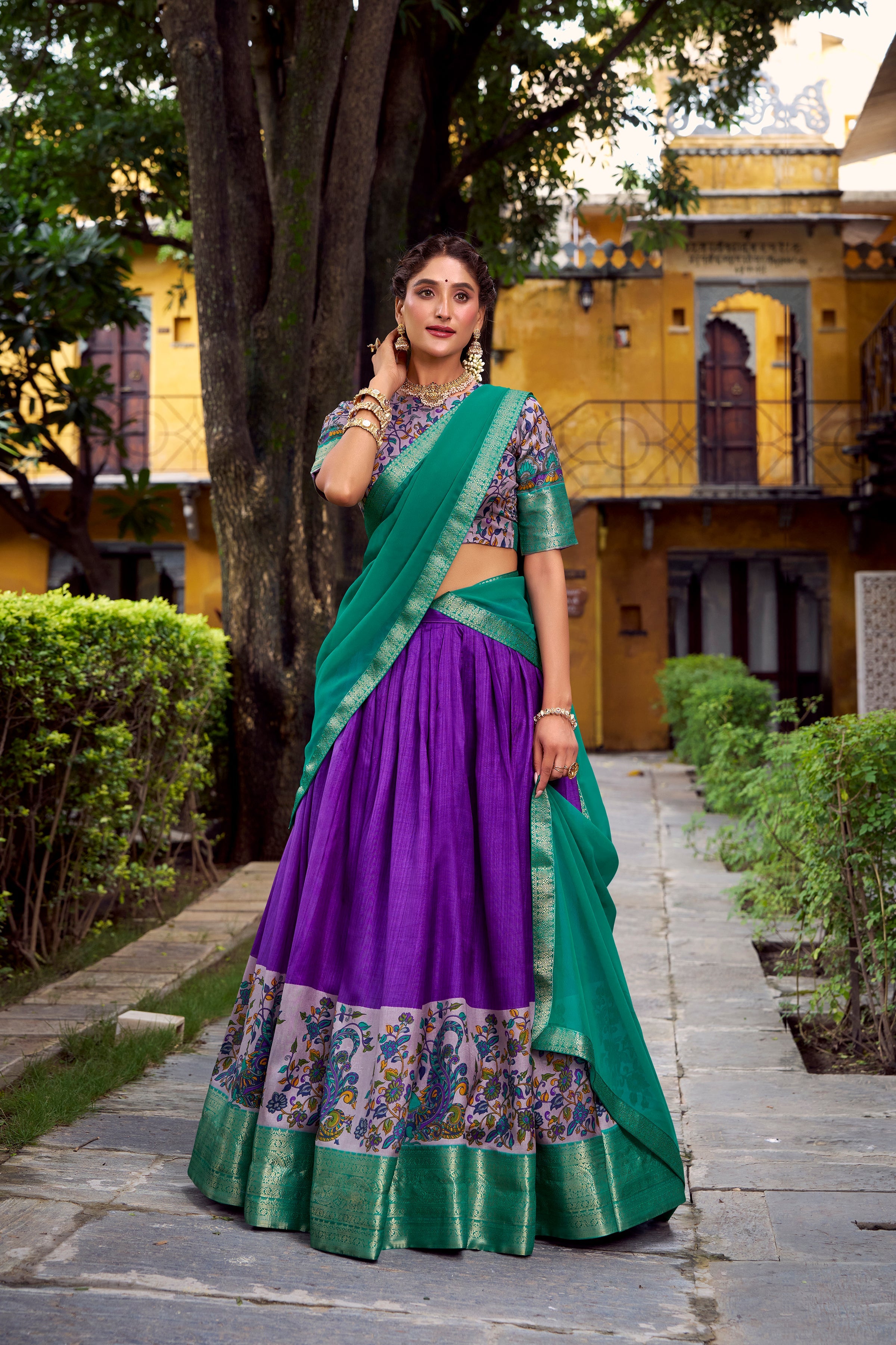 Avni purple Aastha silk printed zari weaving half saree lehenga