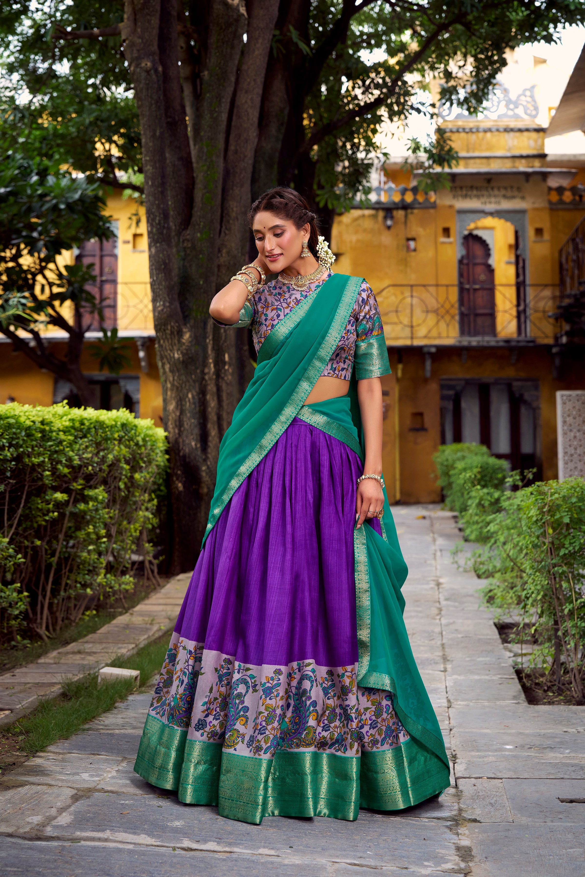 Avni purple Aastha silk printed zari weaving half saree lehenga