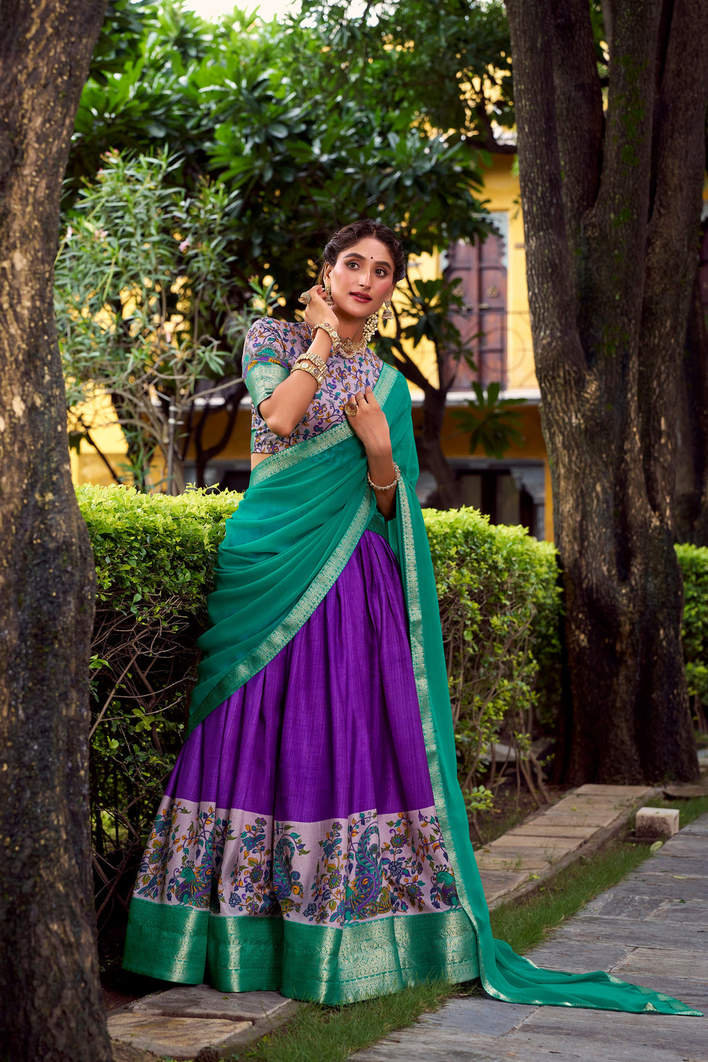 Avni purple Aastha silk printed zari weaving half saree lehenga