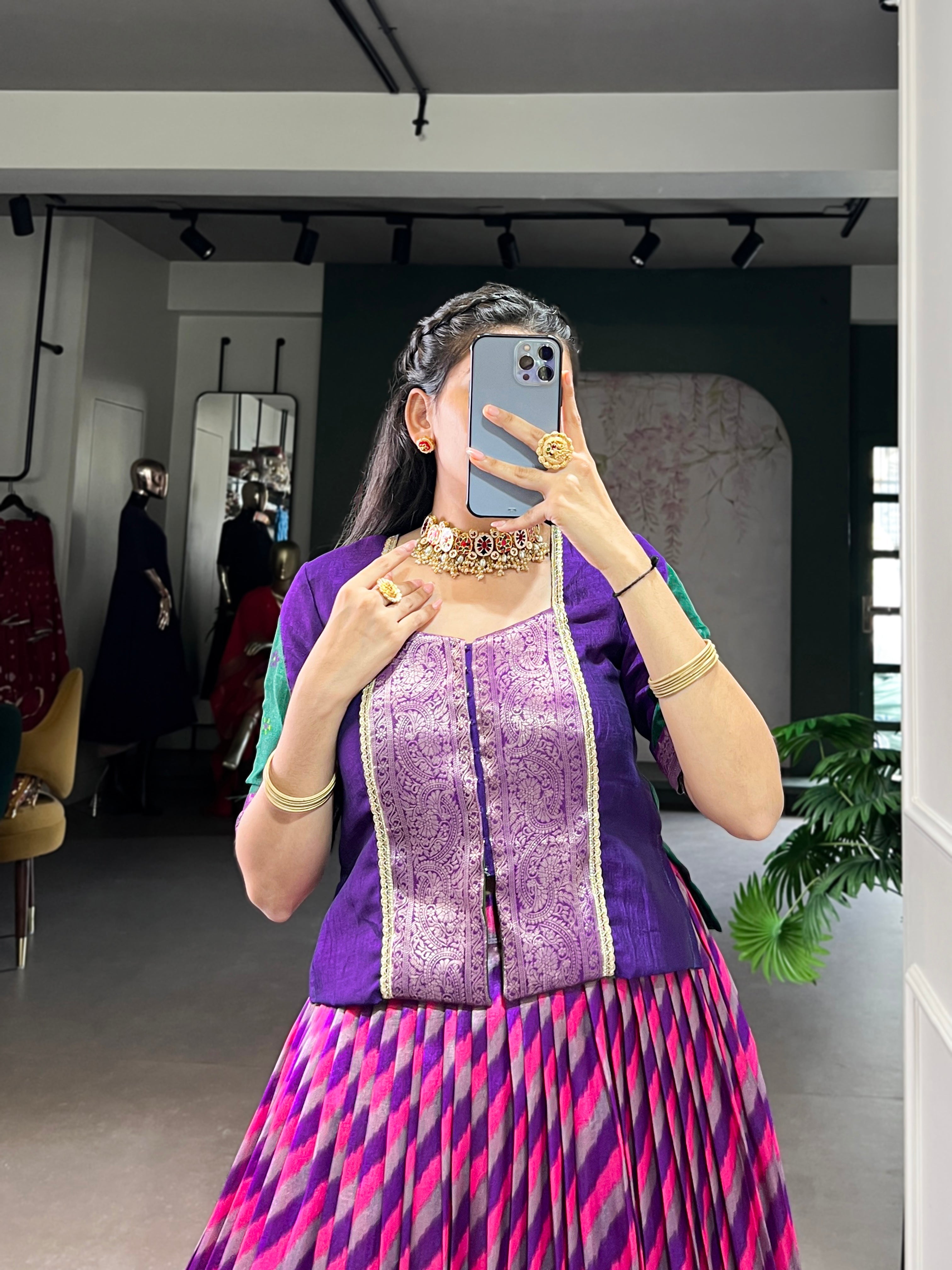 Purple Tasar silk Leheriya print zari weaving lehenga with blouse