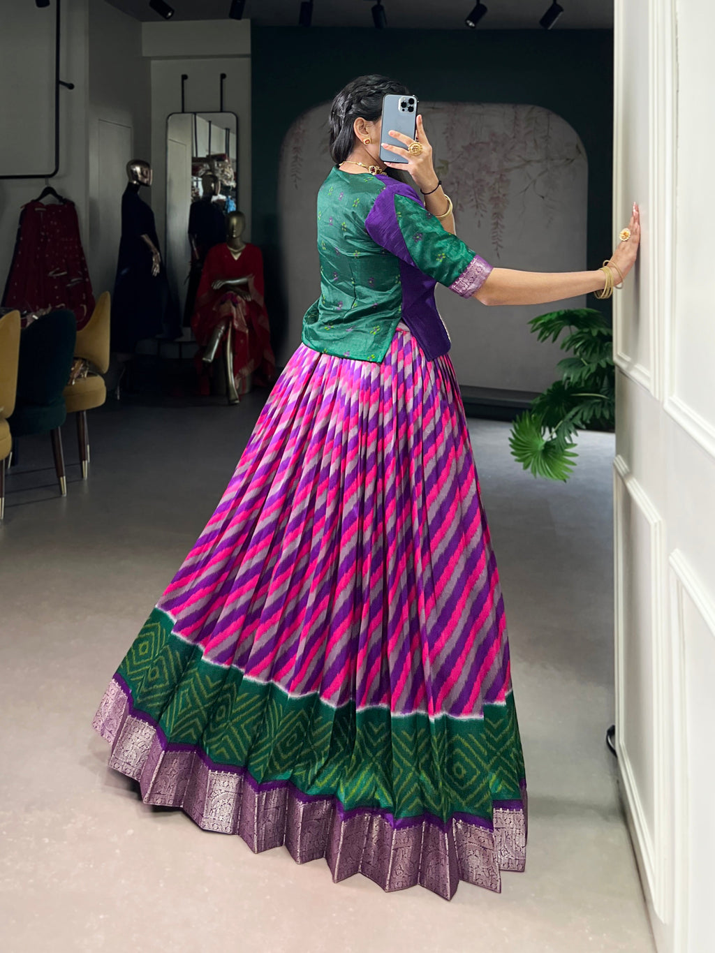 Purple Tasar silk Leheriya print zari weaving lehenga with blouse