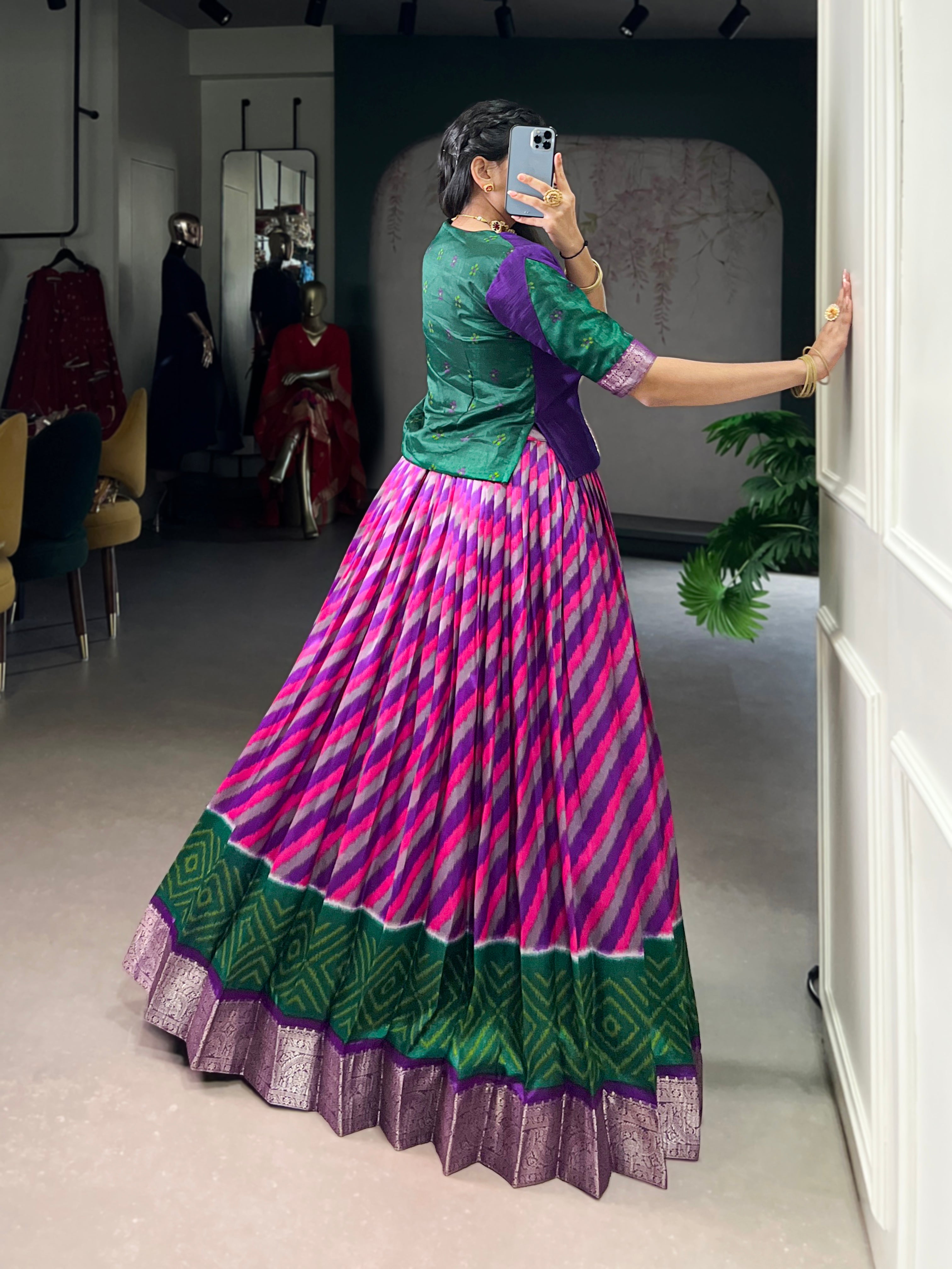 Purple Tasar silk Leheriya print zari weaving lehenga with blouse