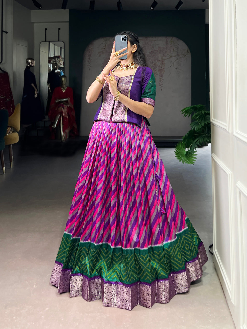 Purple Tasar silk Leheriya print zari weaving lehenga with blouse