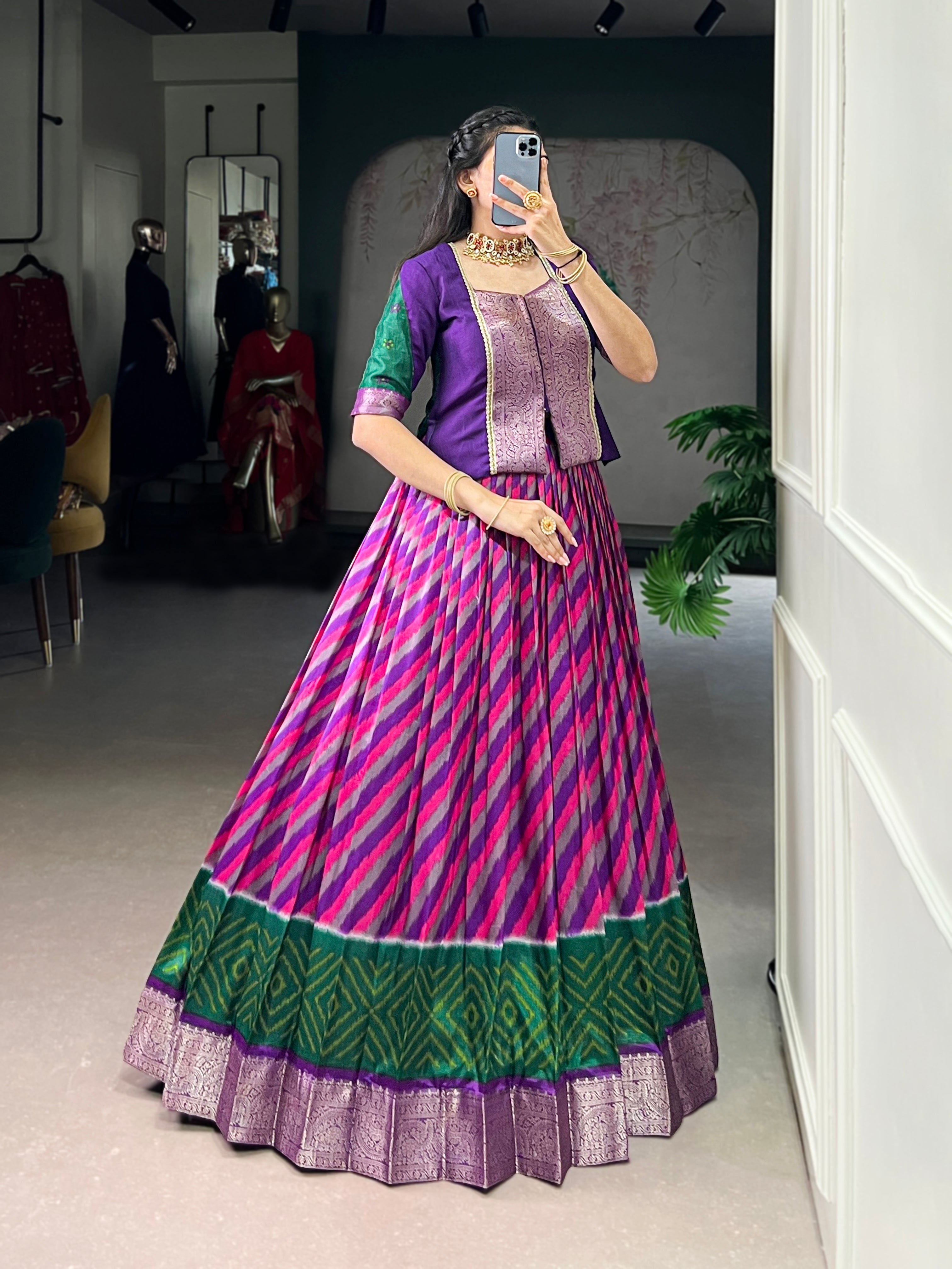 Purple Tasar silk Leheriya print zari weaving lehenga with blouse