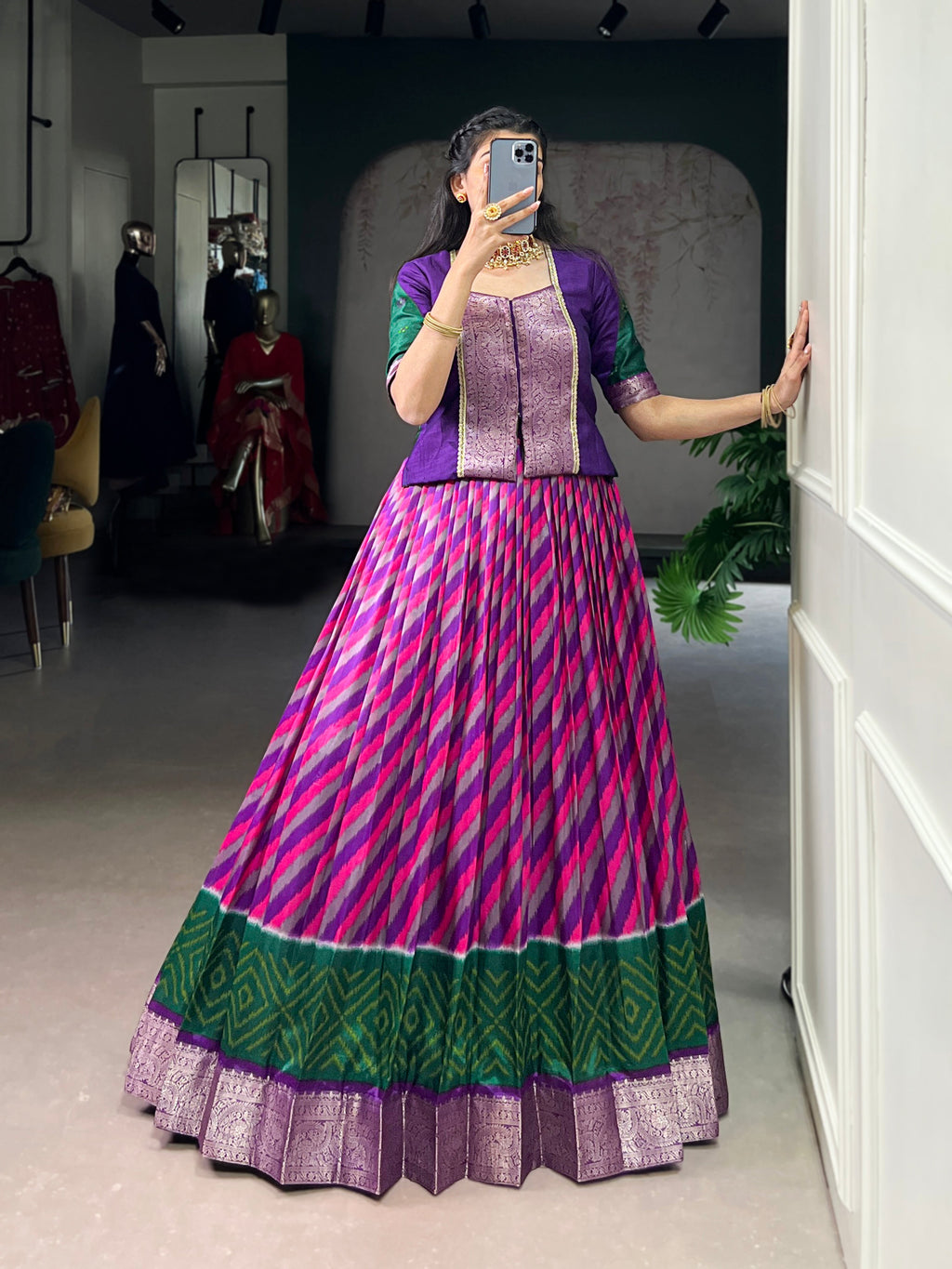 Purple Tasar silk Leheriya print zari weaving lehenga with blouse