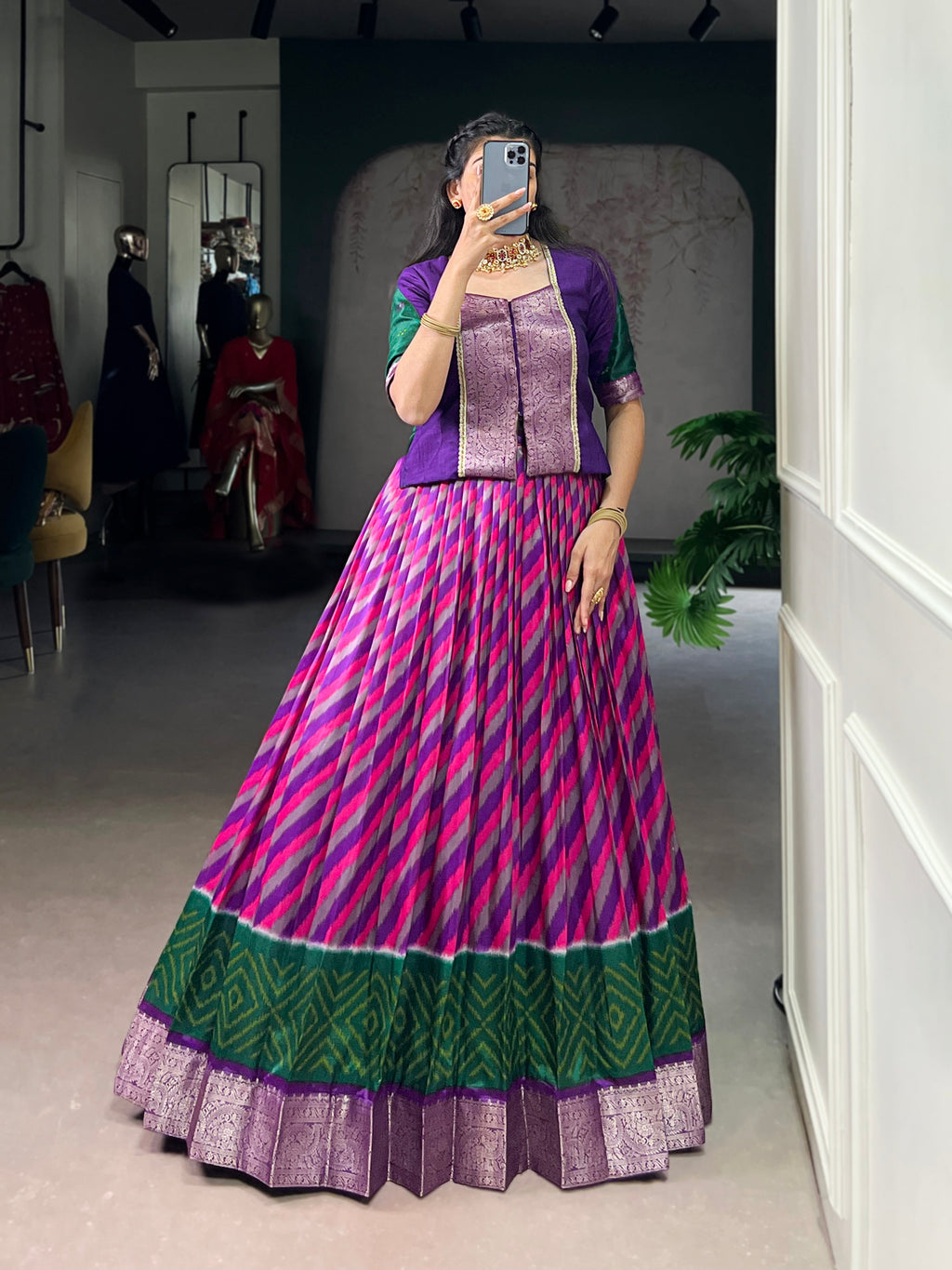 Purple Tasar silk Leheriya print zari weaving lehenga with blouse
