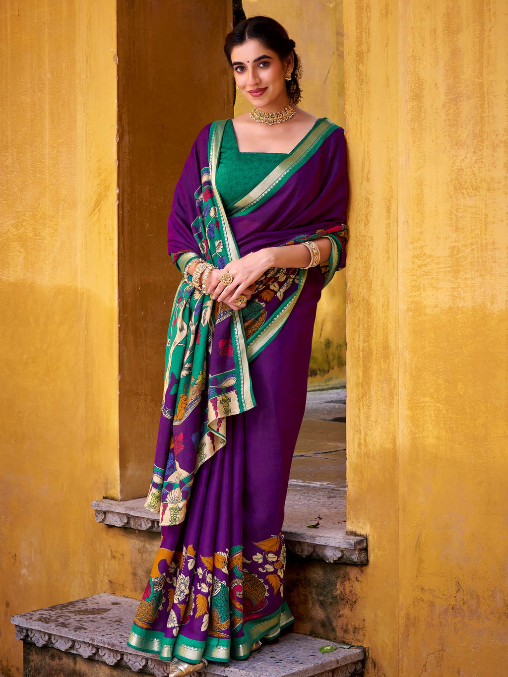 Purple viscose Chanderi Kalamkari print zari weaving saree