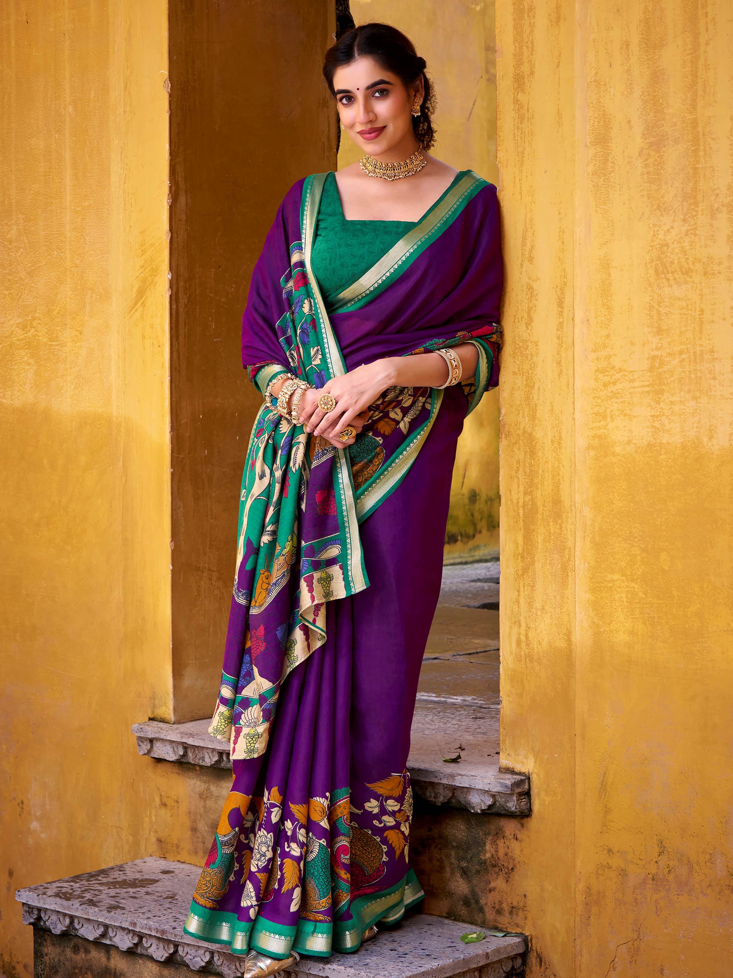 Purple viscose Chanderi Kalamkari print zari weaving saree