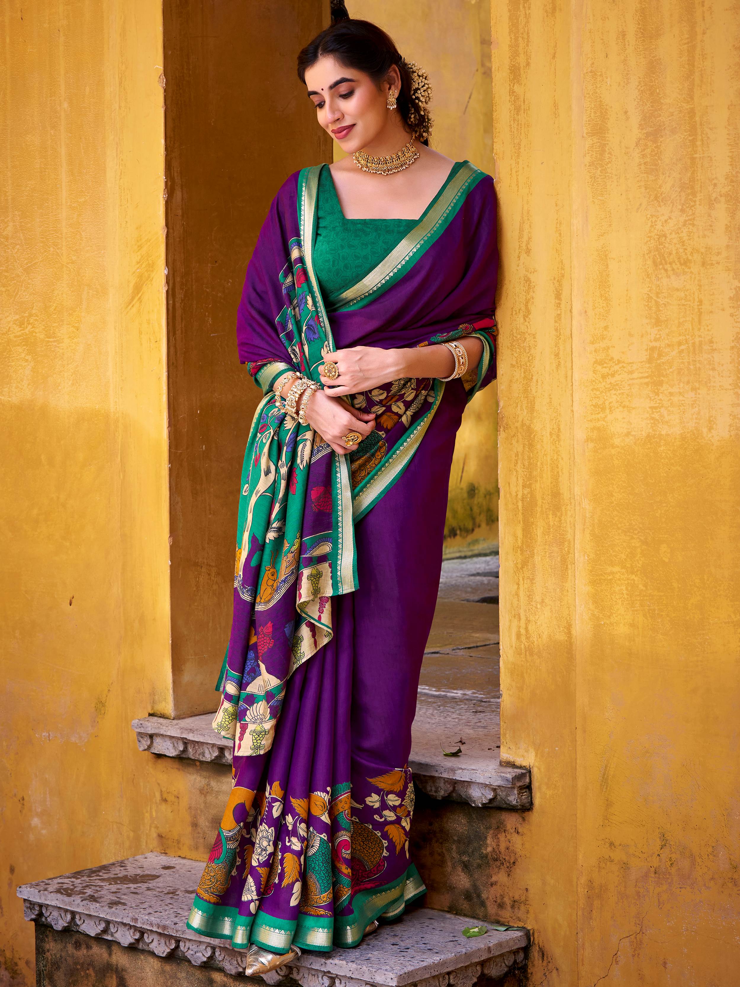 Purple viscose Chanderi Kalamkari print zari weaving saree