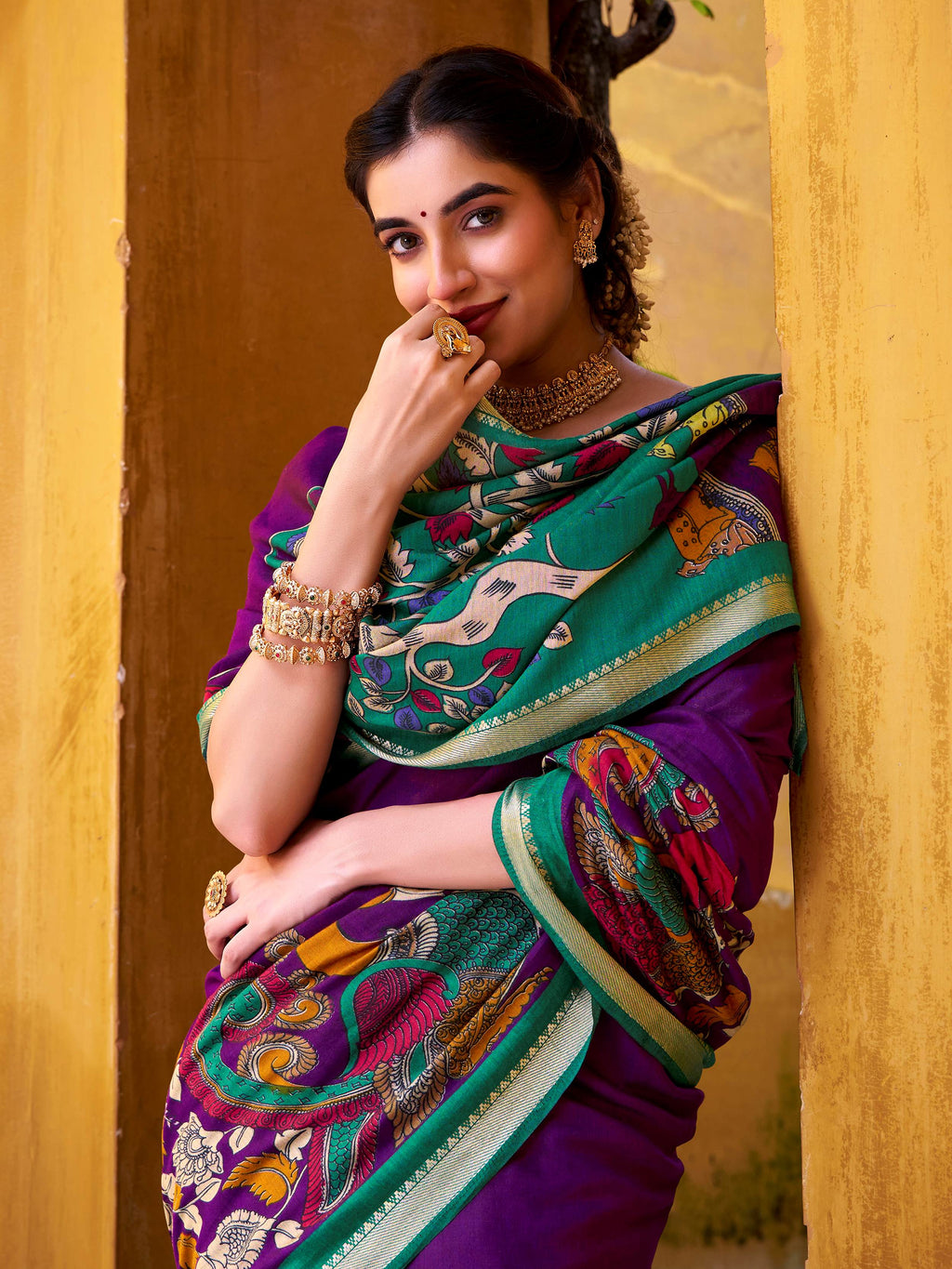 Purple viscose Chanderi Kalamkari print zari weaving saree