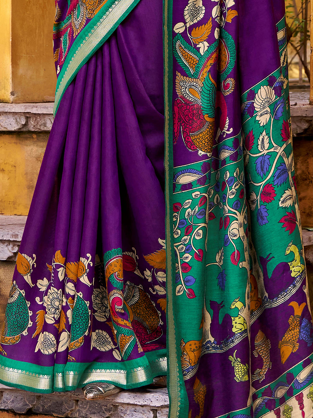 Purple viscose Chanderi Kalamkari print zari weaving saree