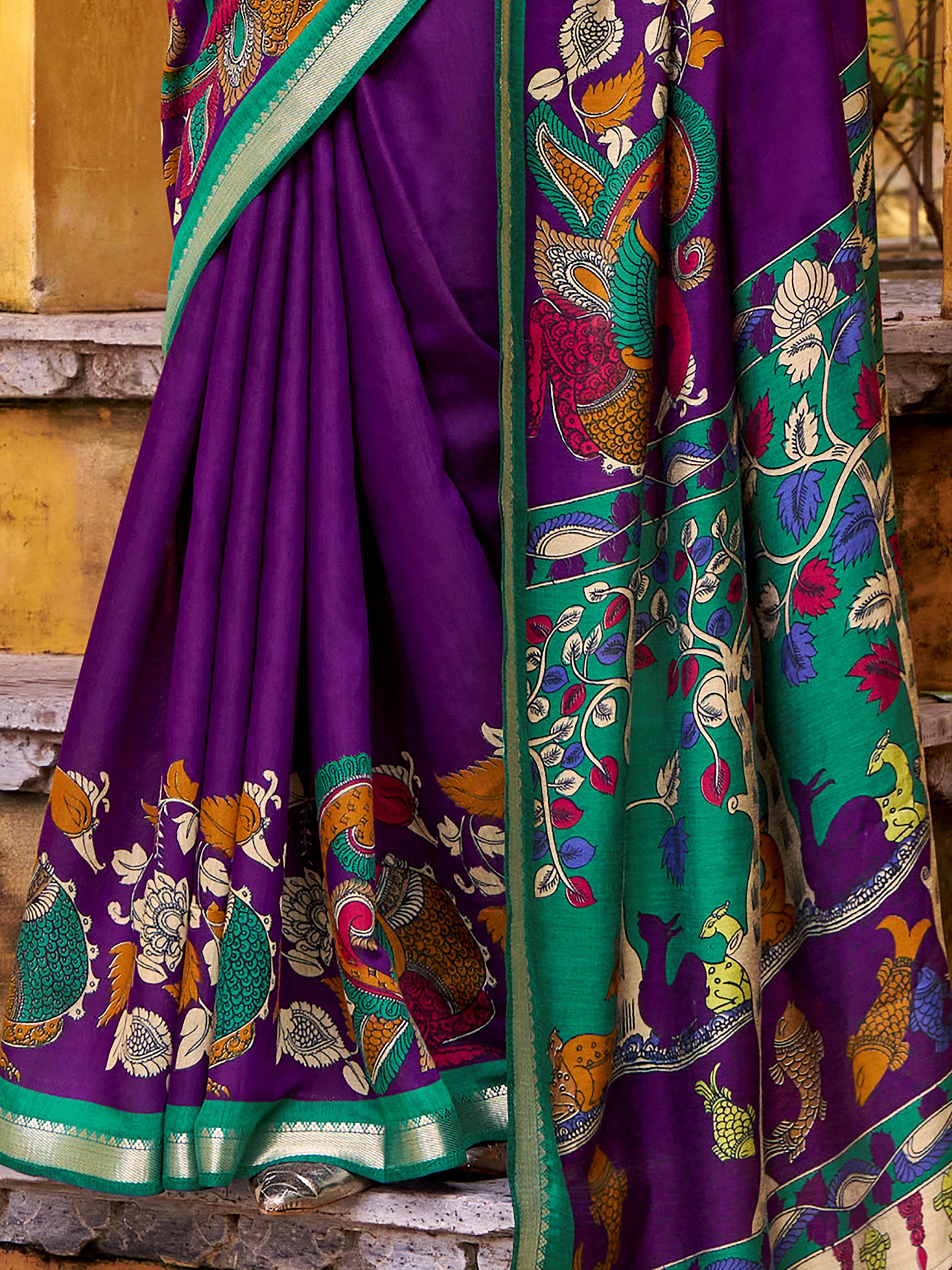 Purple viscose Chanderi Kalamkari print zari weaving saree